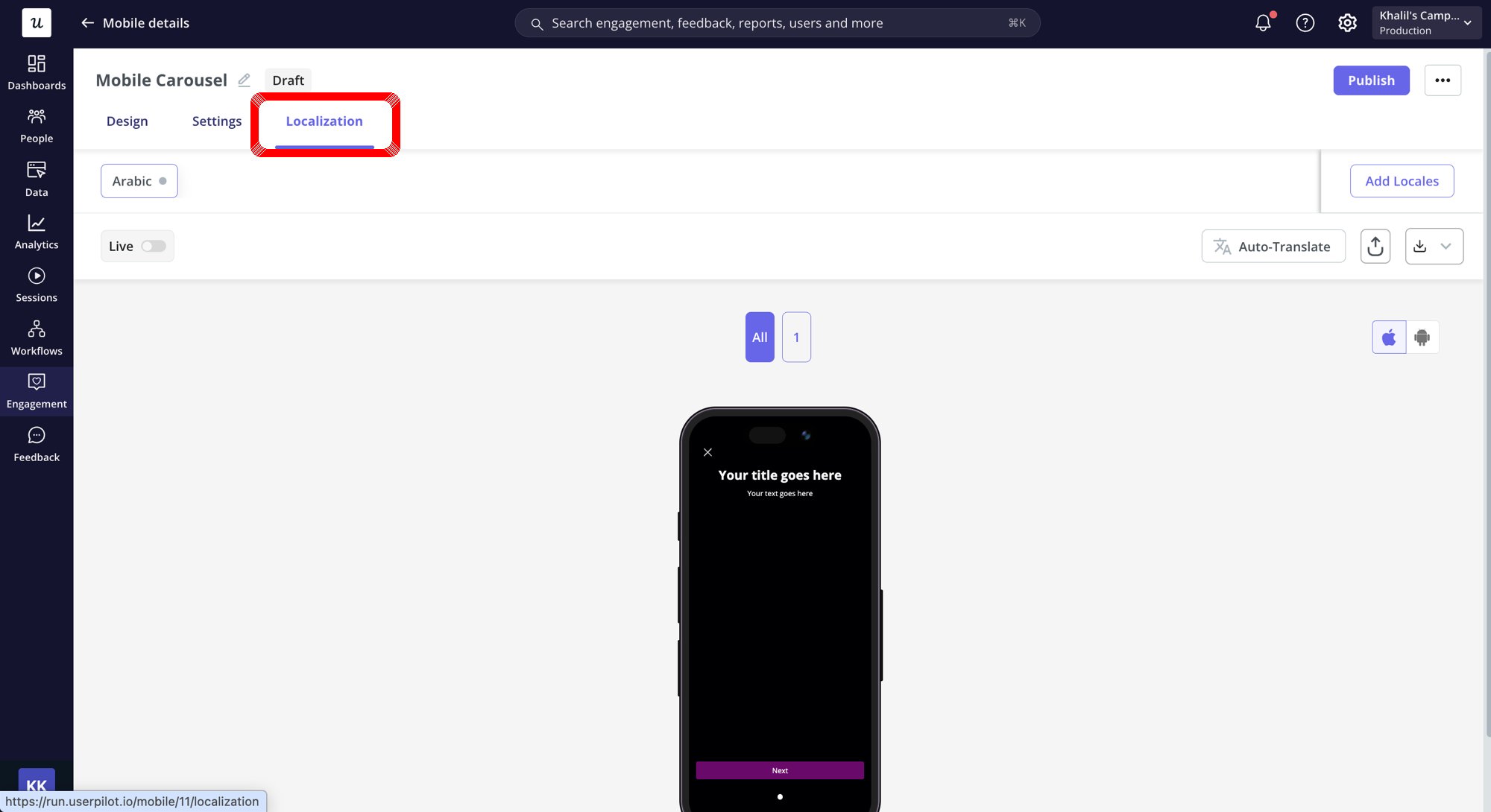 Localization tab of a Mobile Carousel showing locales and Auto-Translate