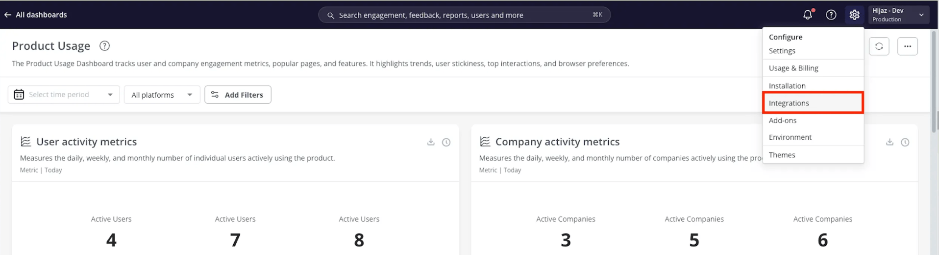 Settings menu with the Integrations option highlighted