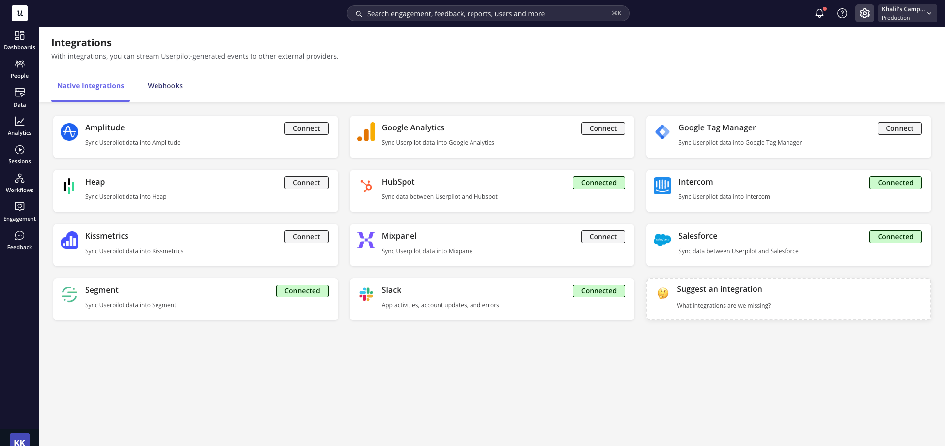 Integrations page showing the HubSpot tile