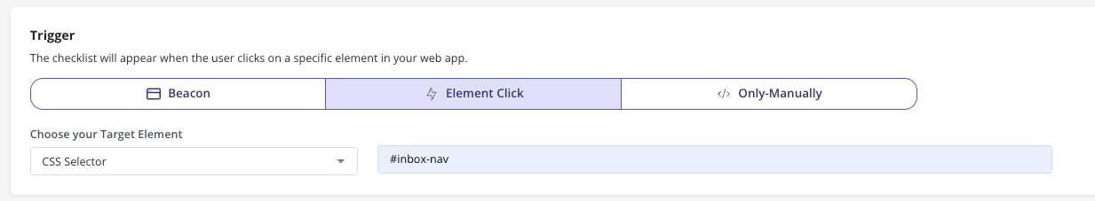 Pasting the CSS selector in the Checklist trigger settings