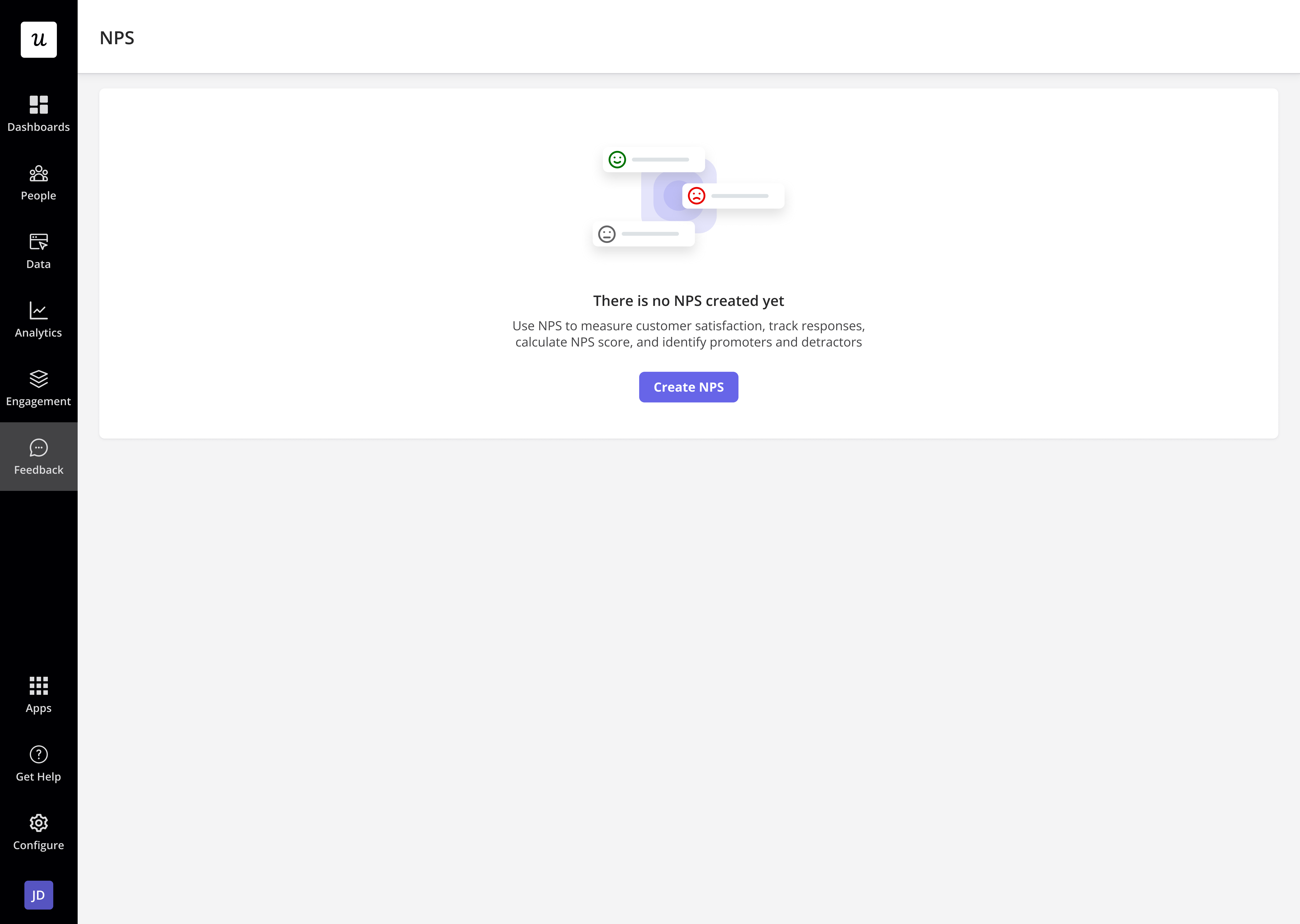 Empty NPS state prompting users to click Create NPS in Userpilot.