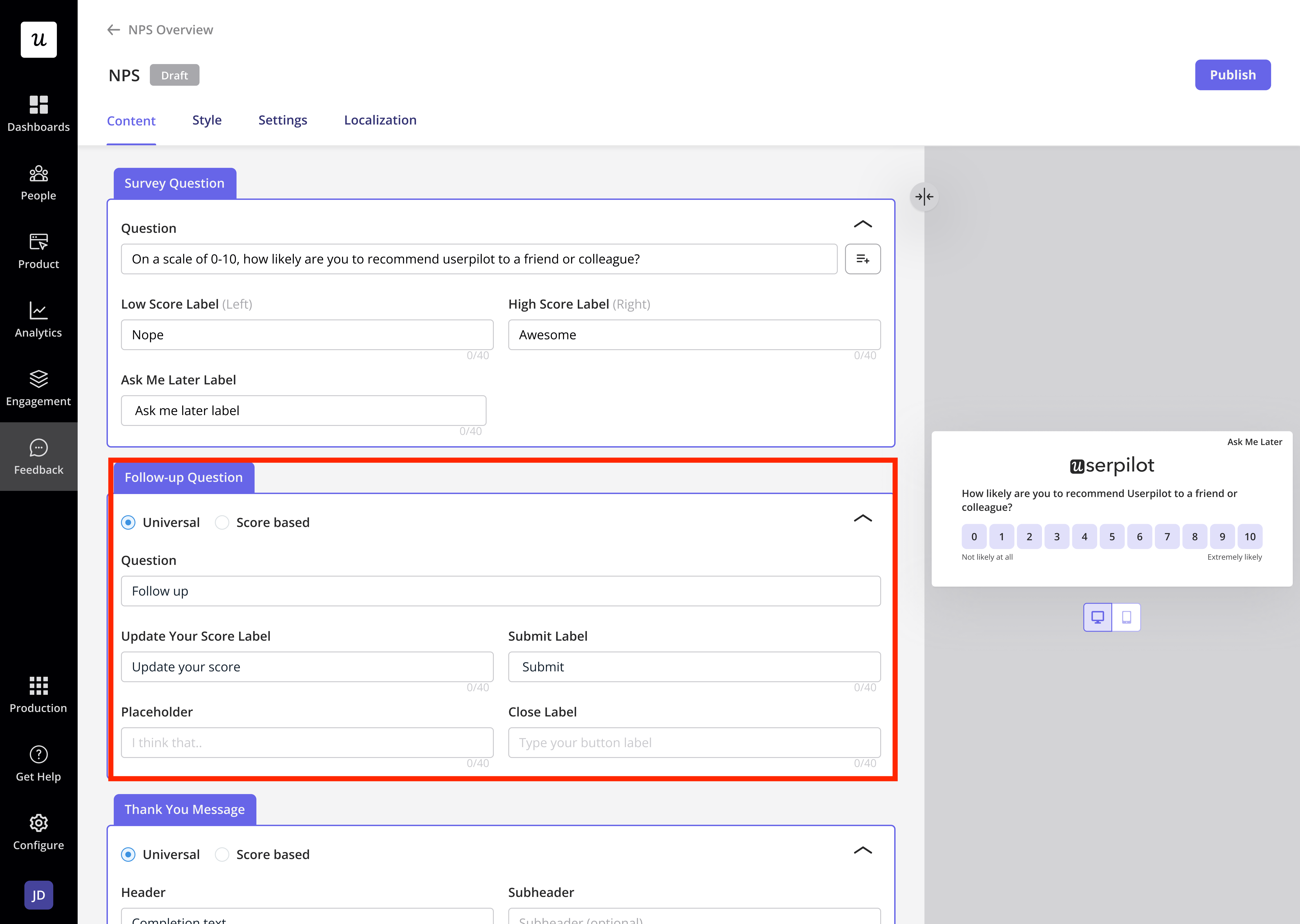 Follow-up question settings for an NPS survey, with Universal and Score-Based options.