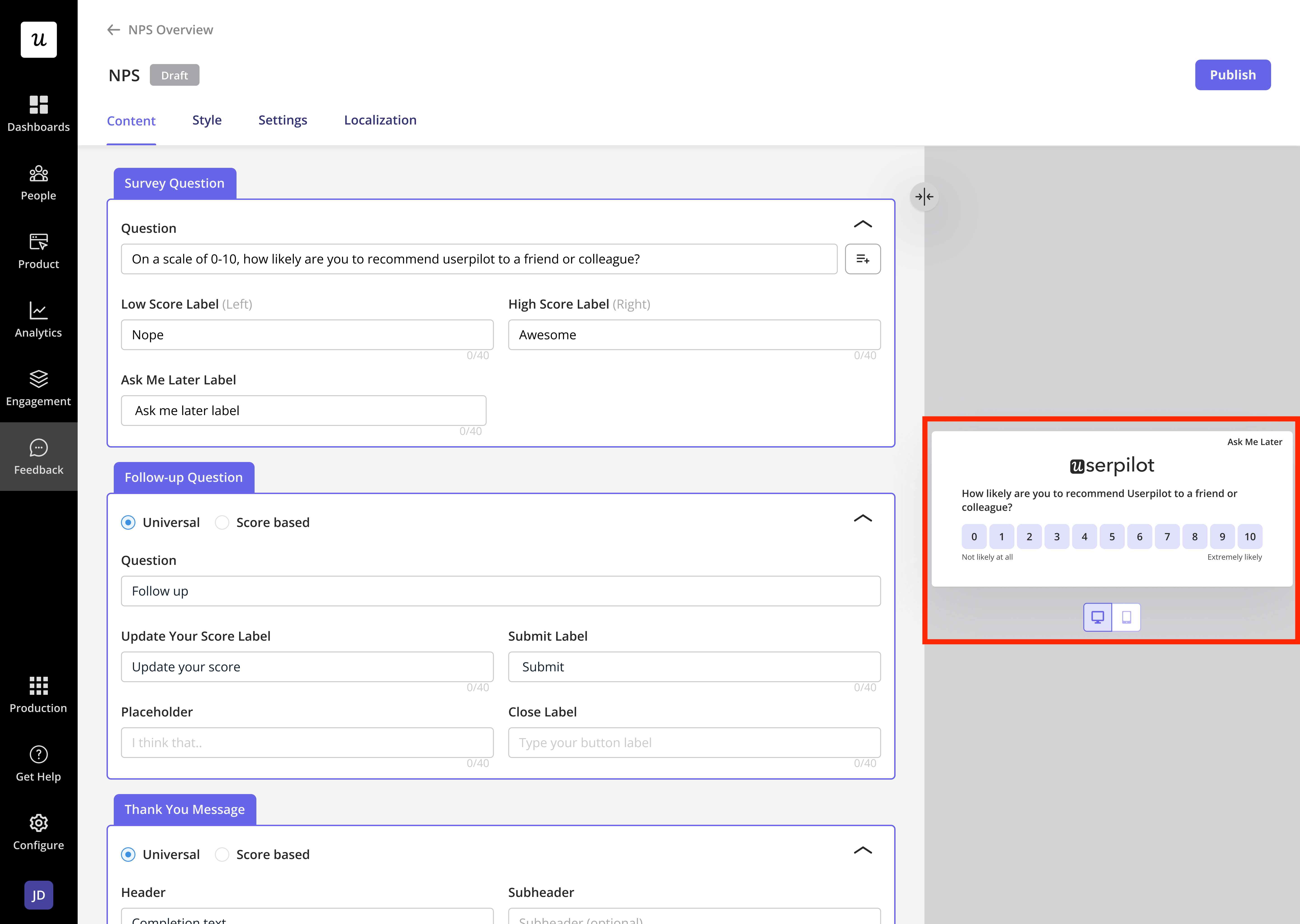 NPS survey preview toggle between desktop and mobile views.