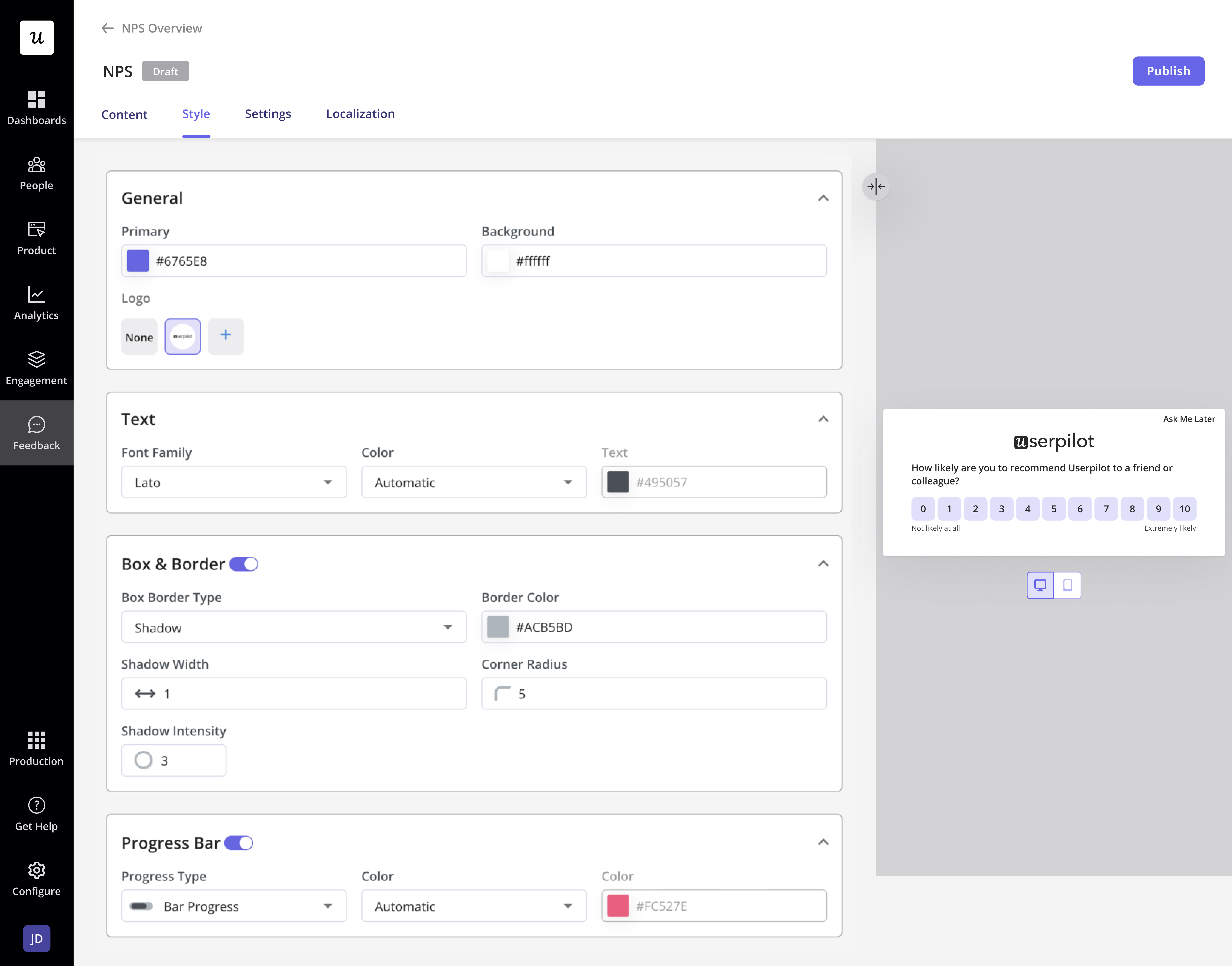 NPS style settings for general colors, text, box and border, and progress bar.