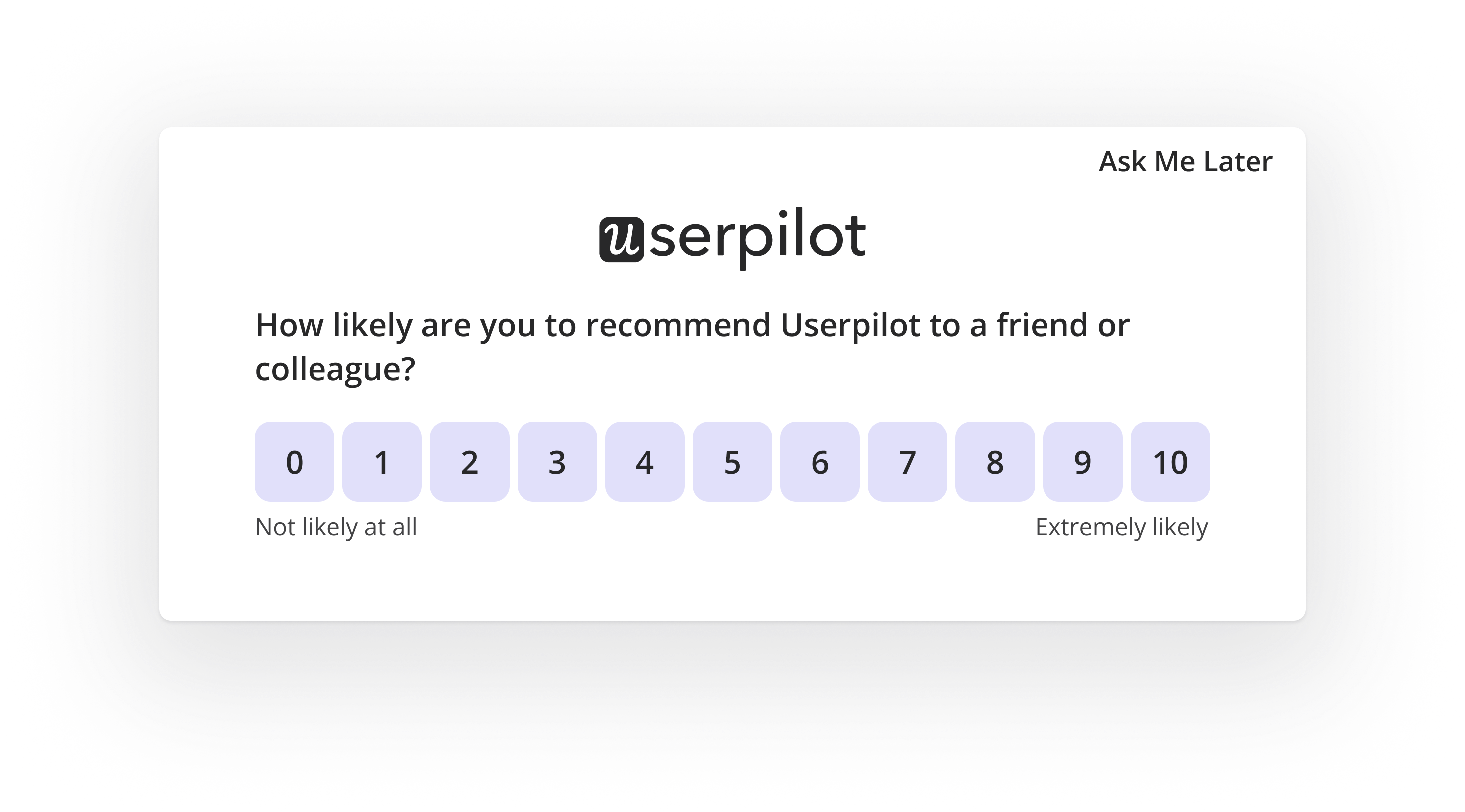 NPS survey example asking how likely a user is to recommend the product, on a 0-10 scale.