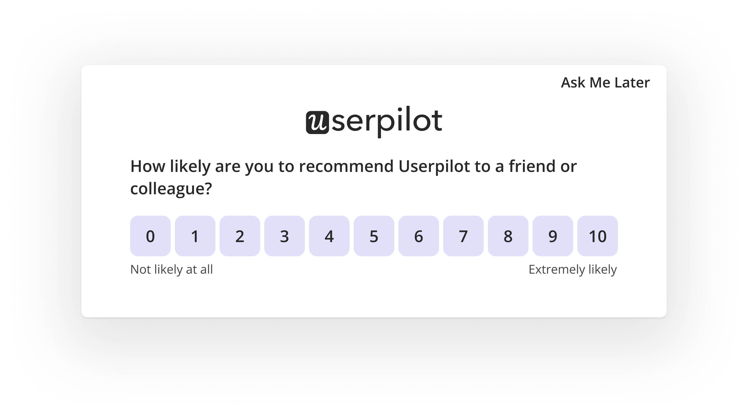 NPS survey example asking how likely a user is to recommend the product, on a 0-10 scale.