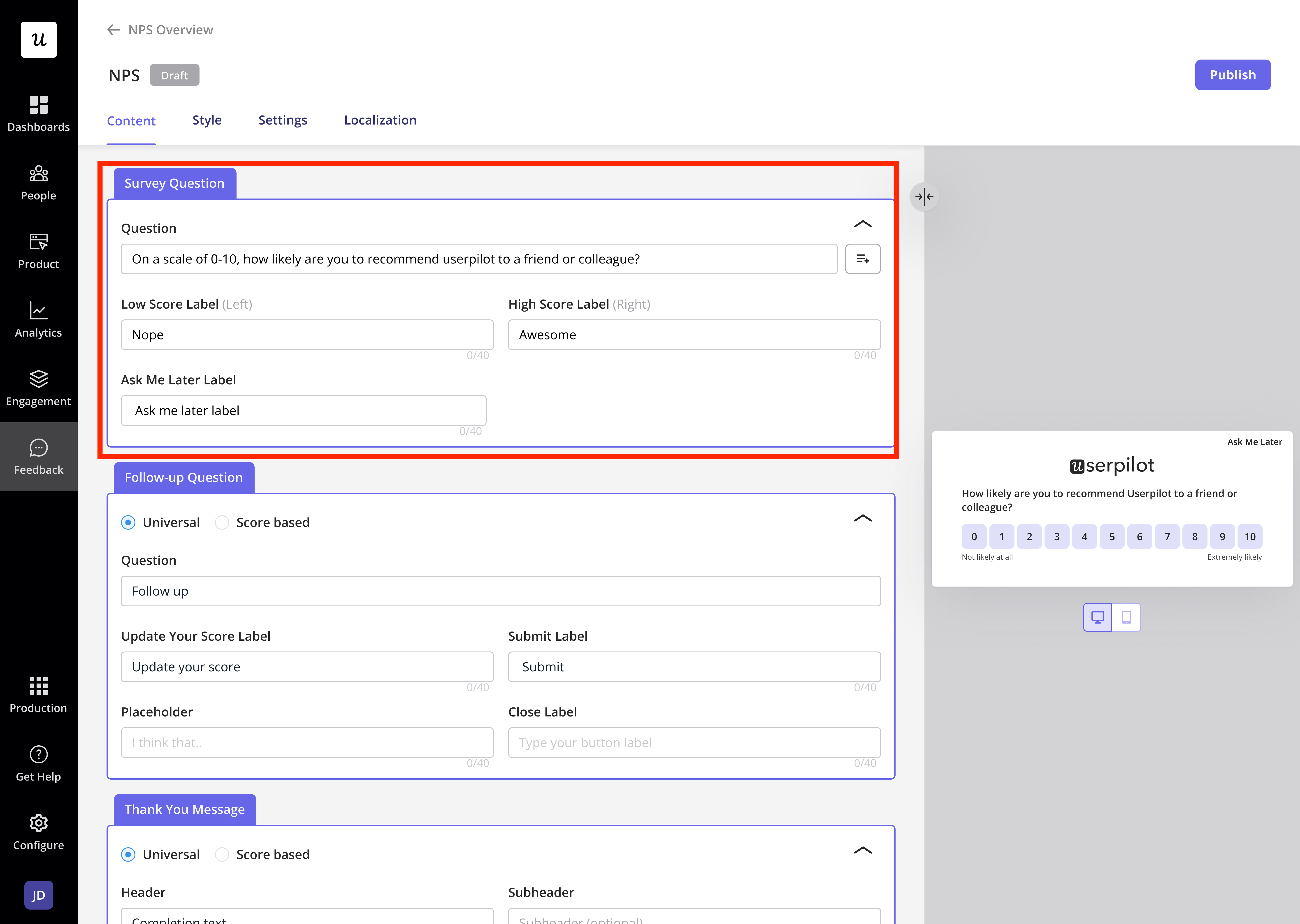 NPS survey question settings, including low/high score labels and the Ask Me Later label.