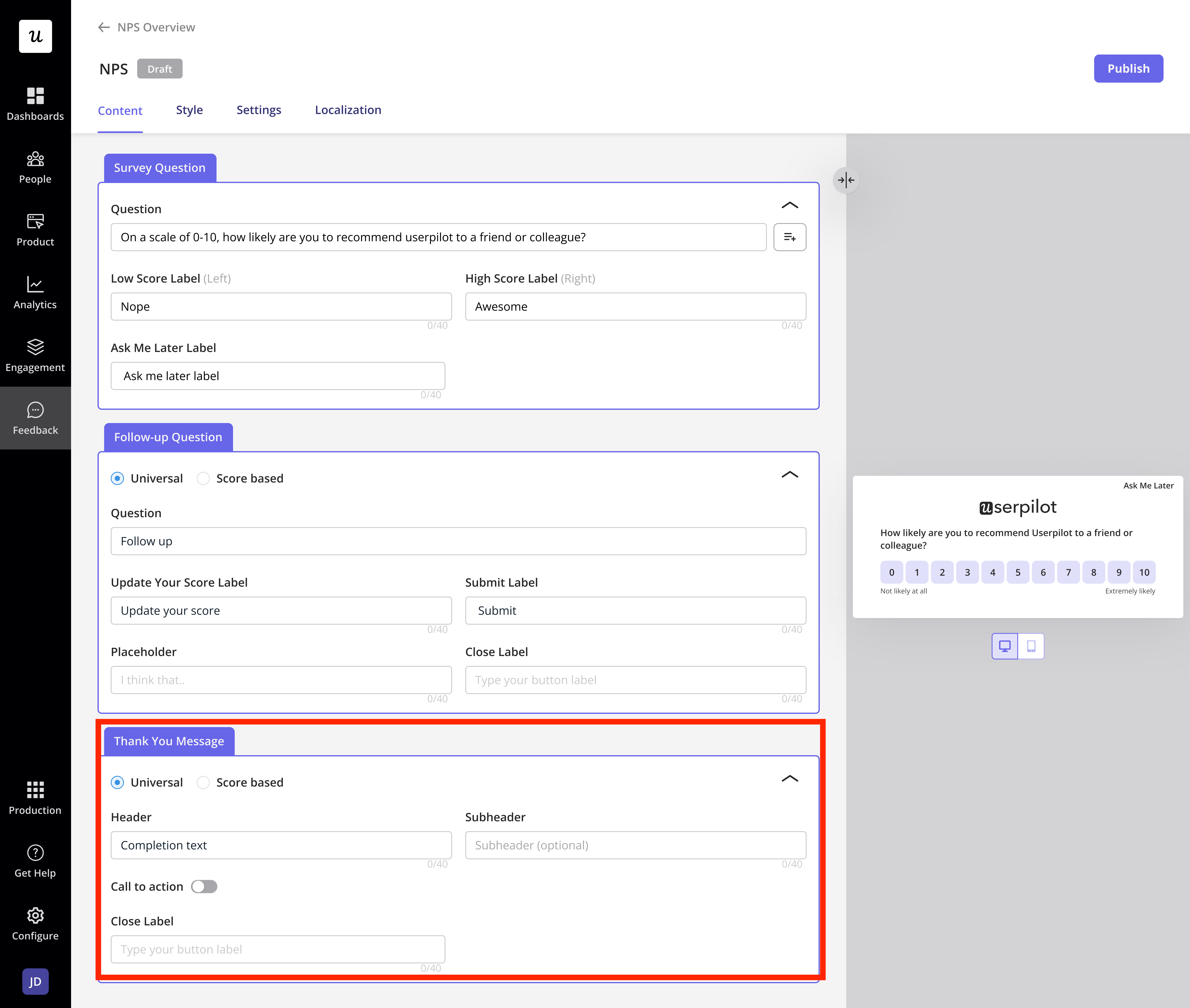Thank you message settings for an NPS survey, with header, subheader, and close label fields.