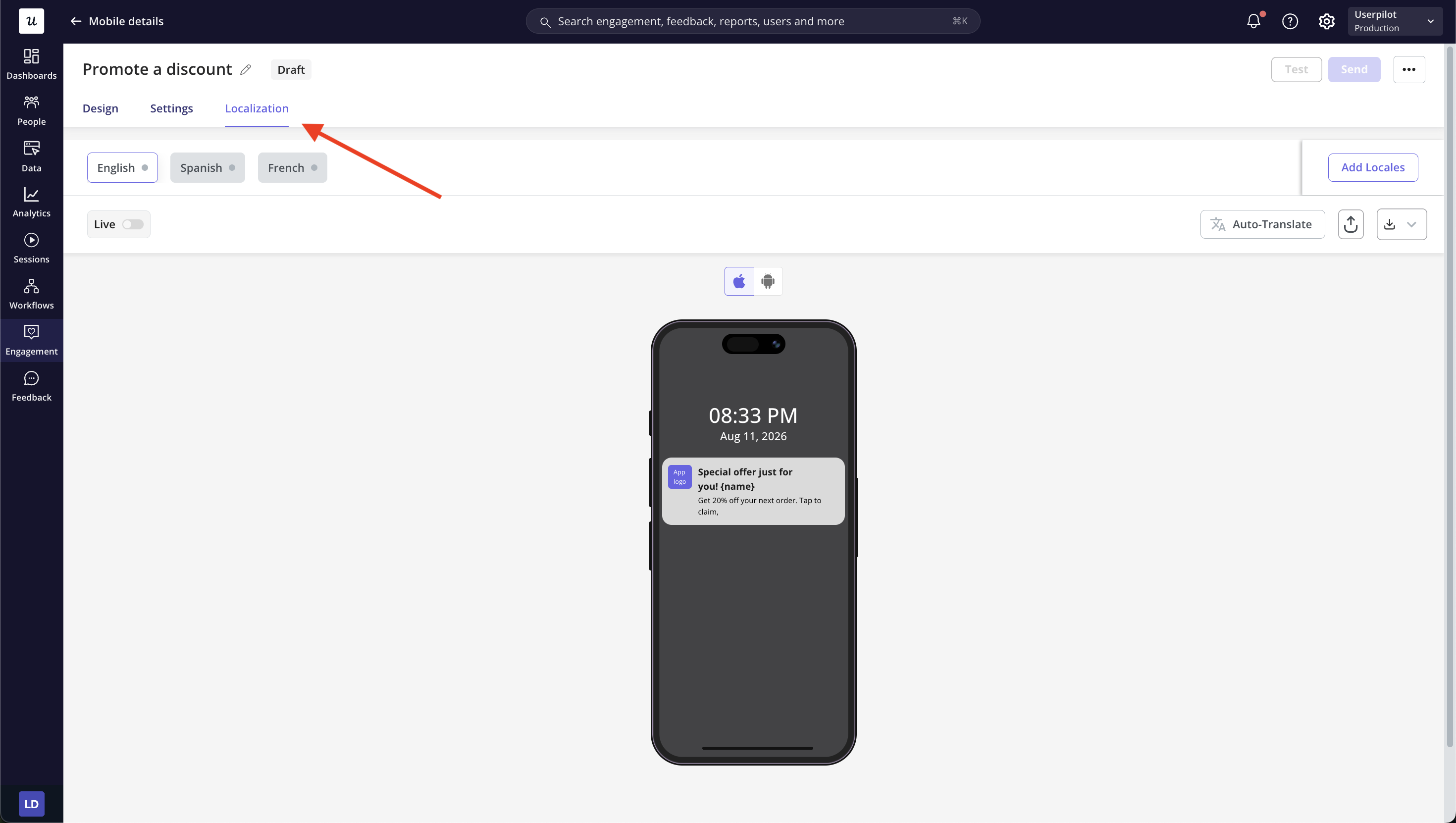Push notification localization tab