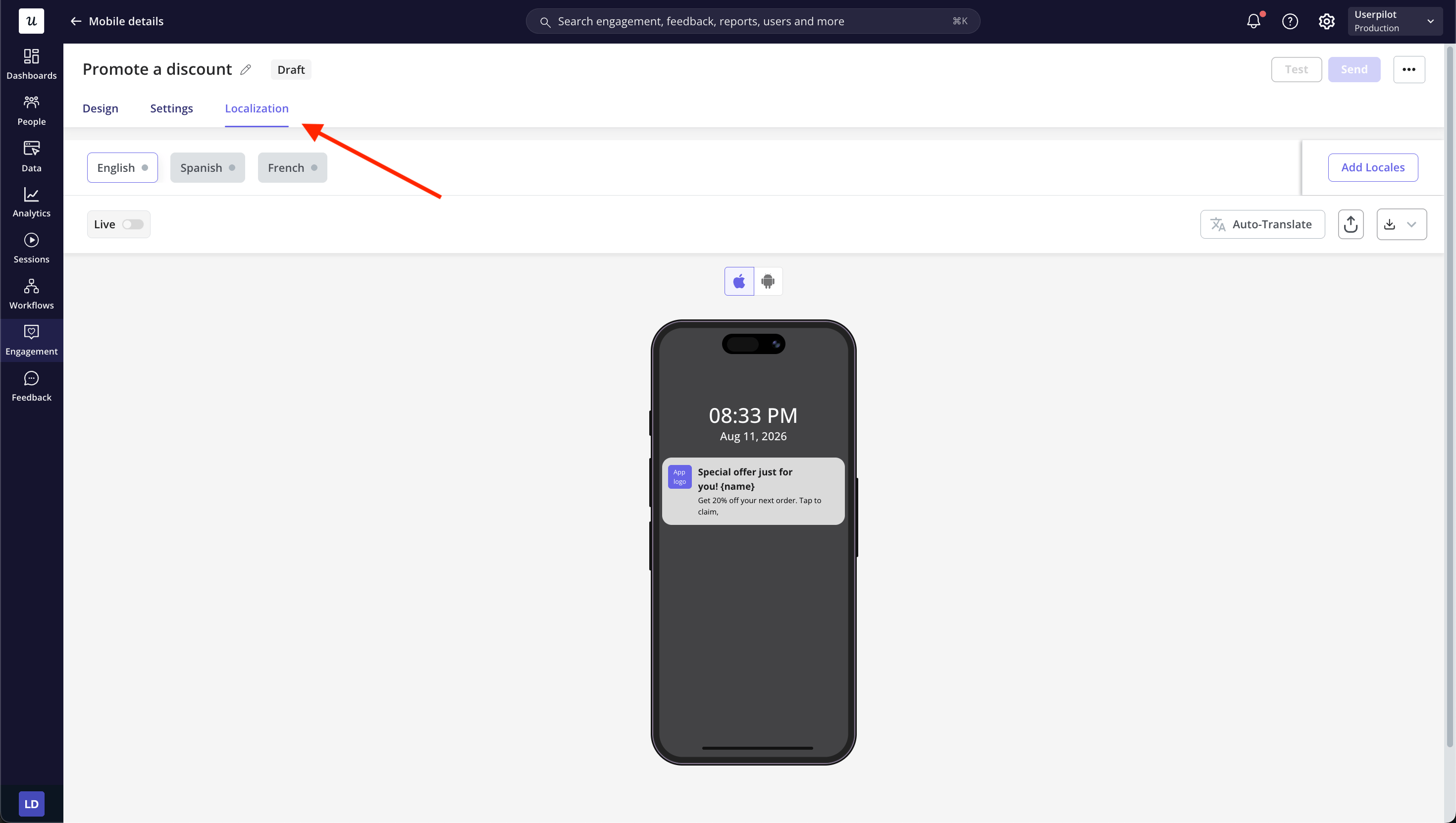 Push notification localization tab