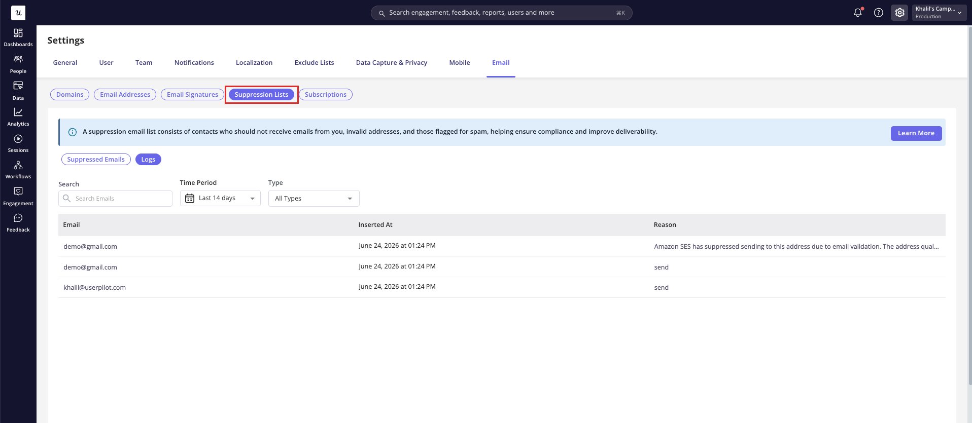 Suppression Lists tab under Configure > Settings > Email