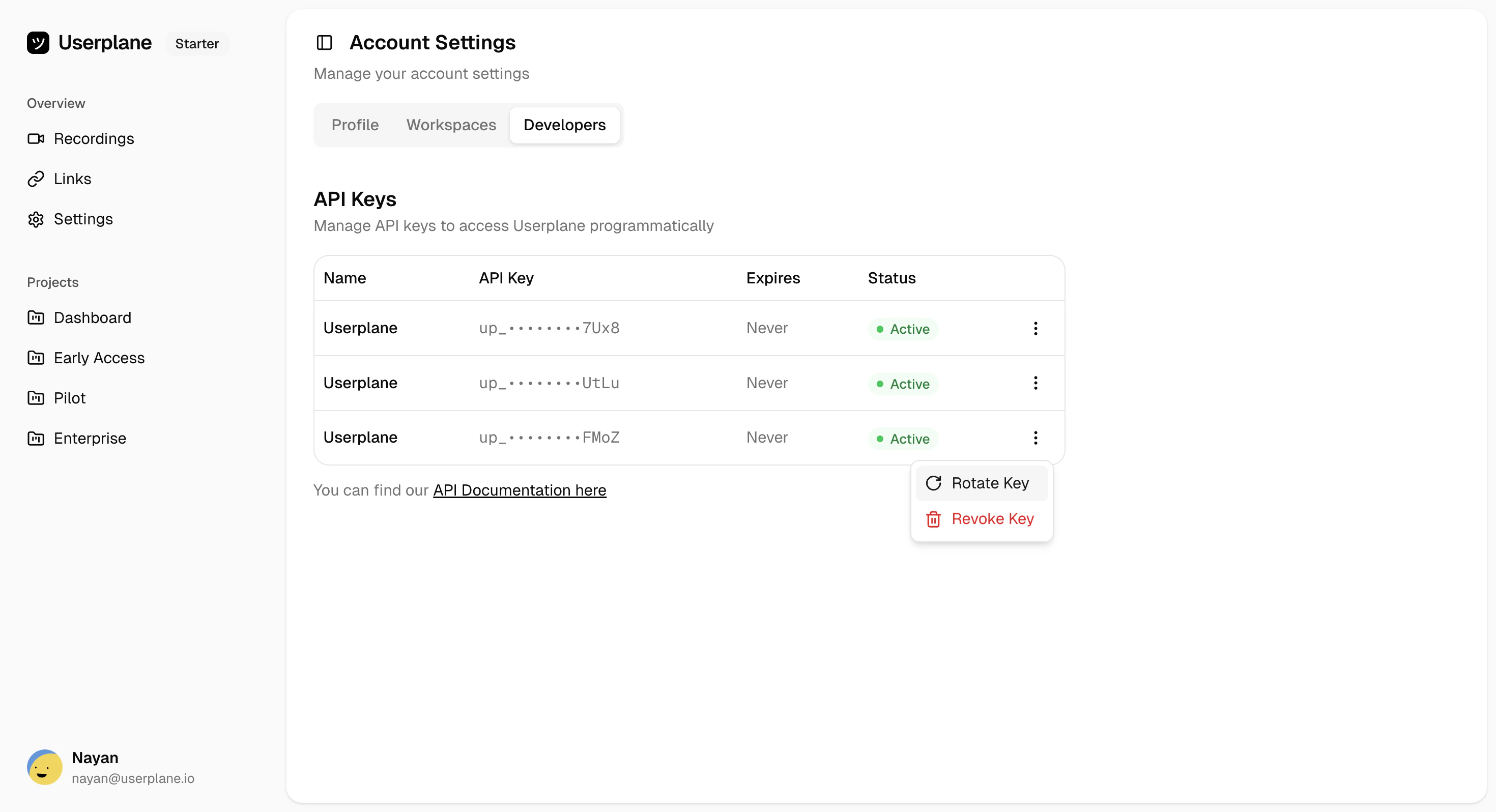 API Key options menu