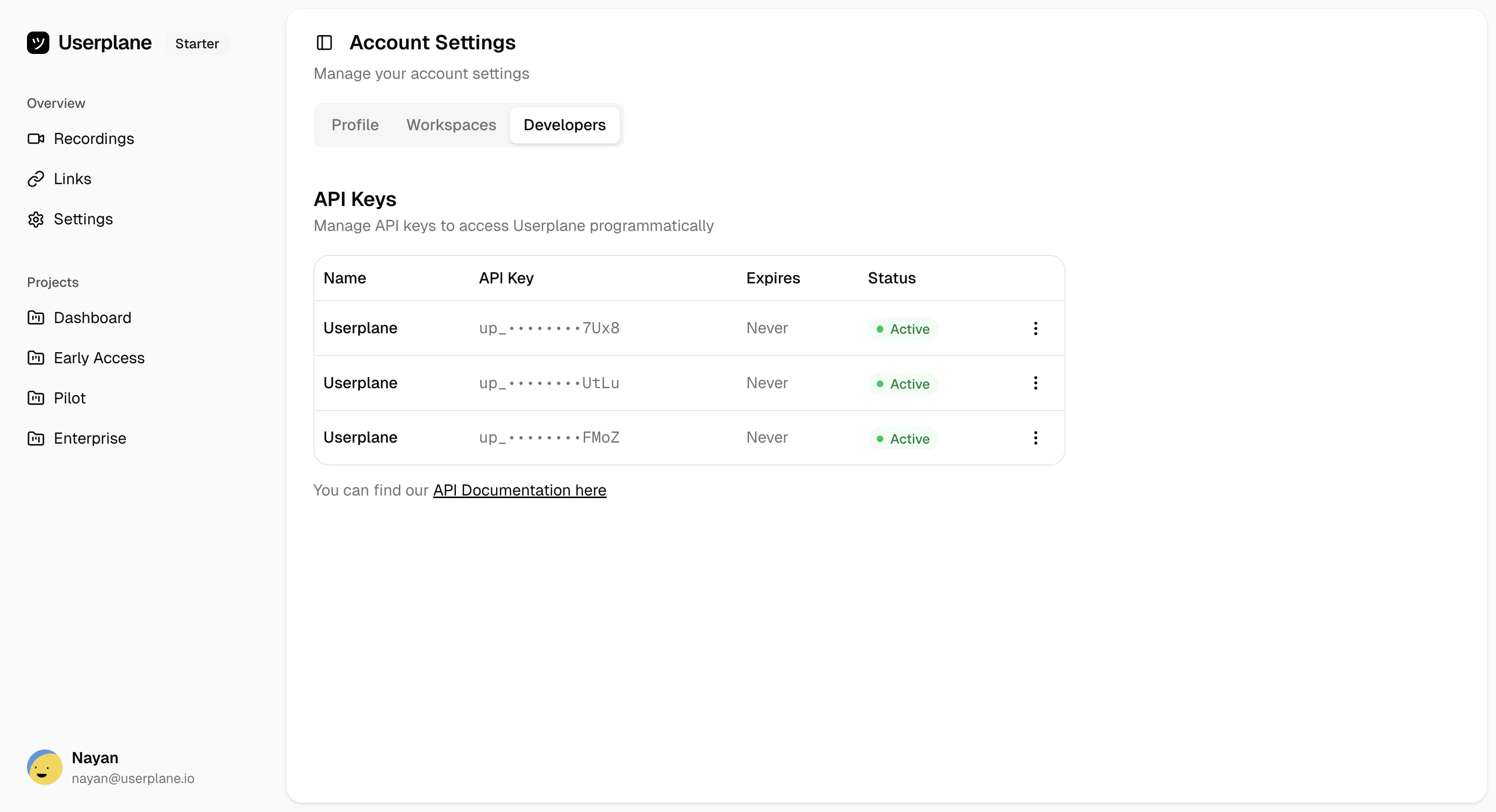 API Keys list with keys