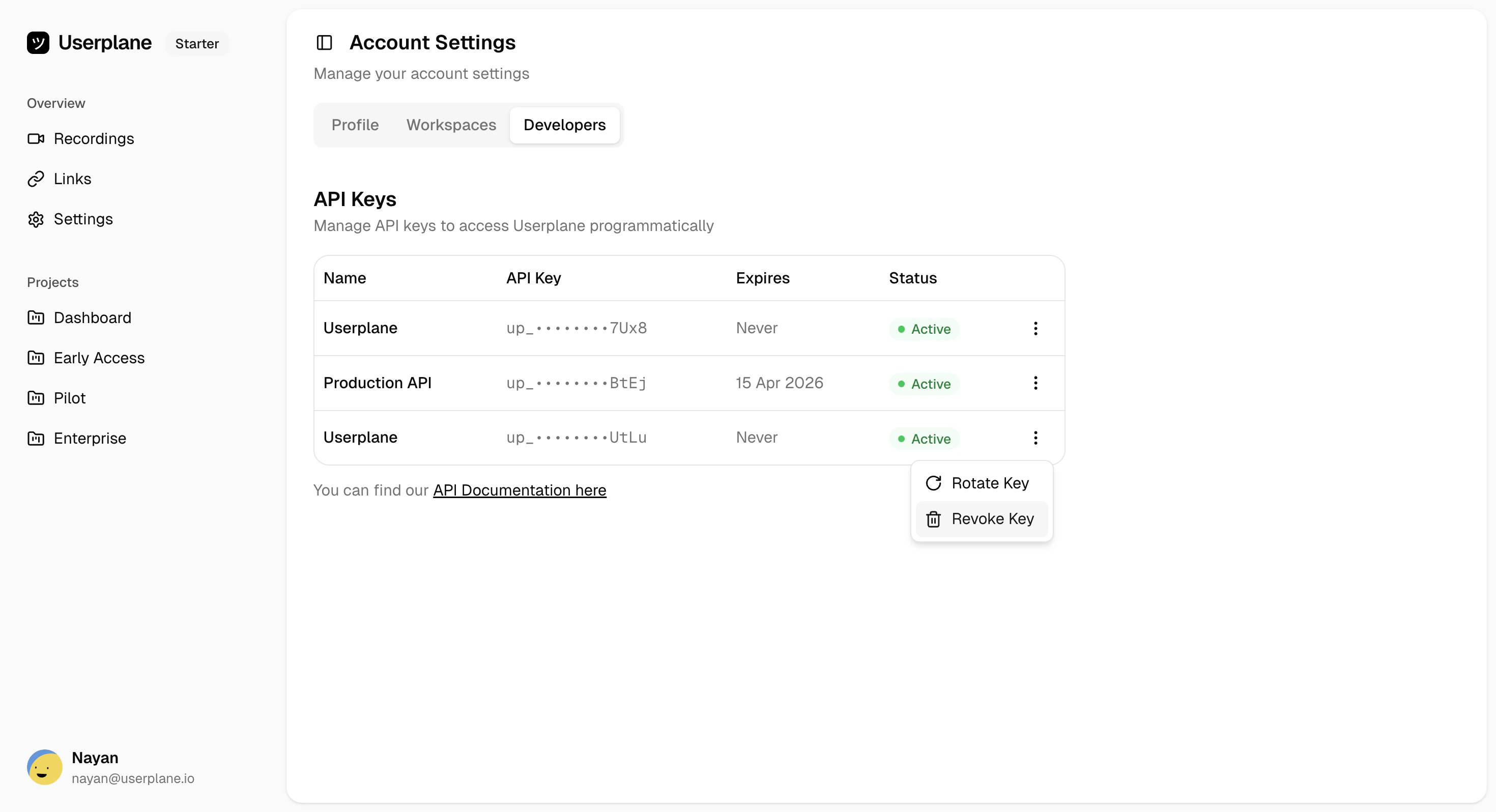 Key options with Revoke Key selected
