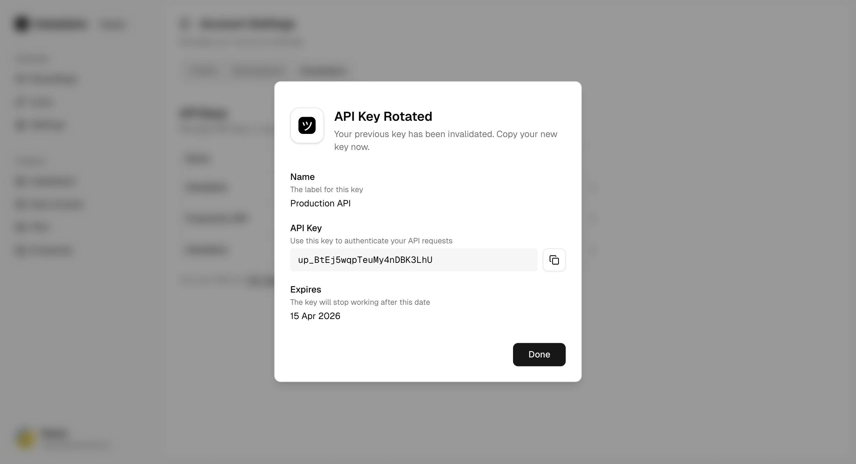API Key Rotated success dialog
