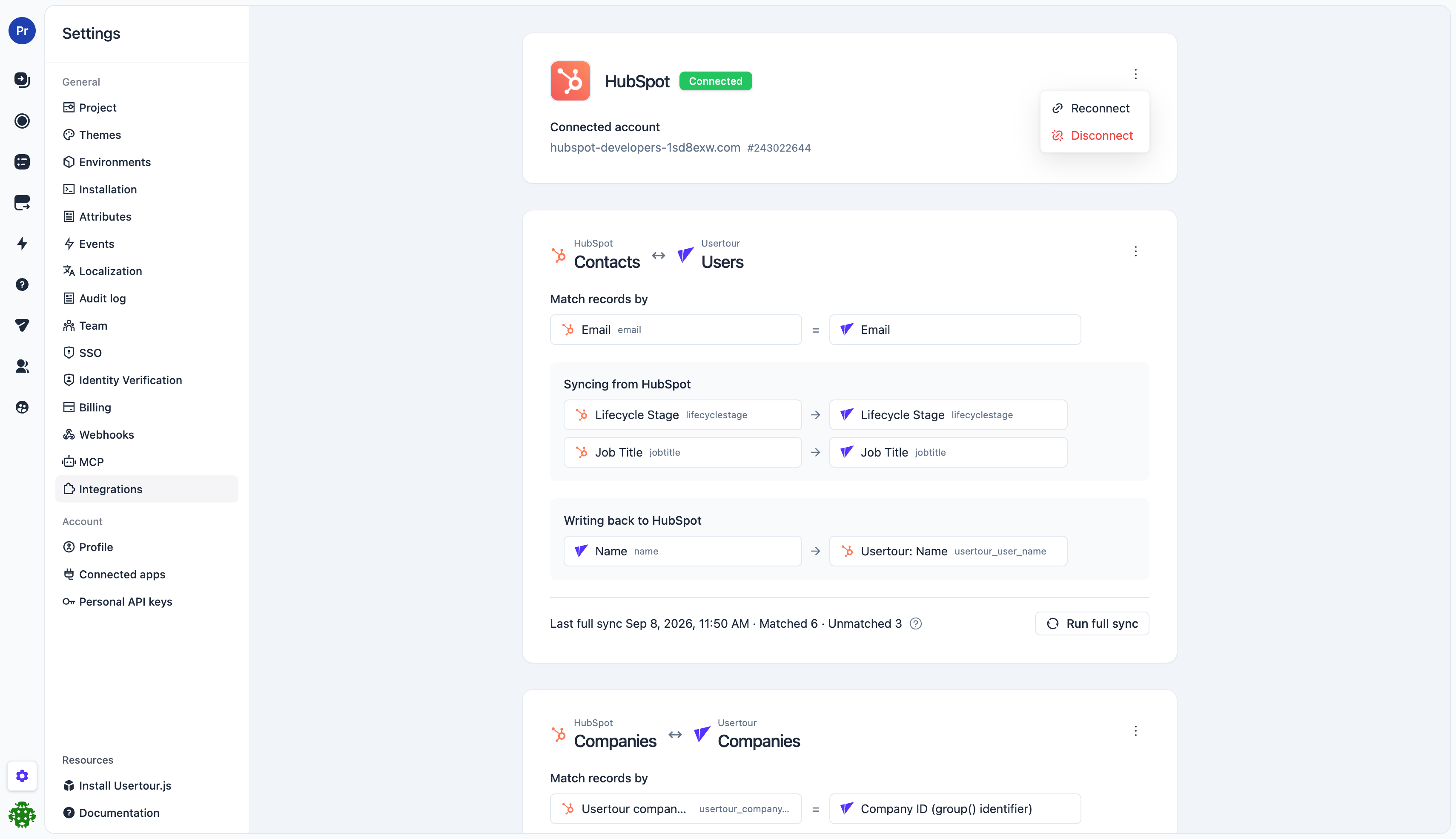 The HubSpot connection card once connected