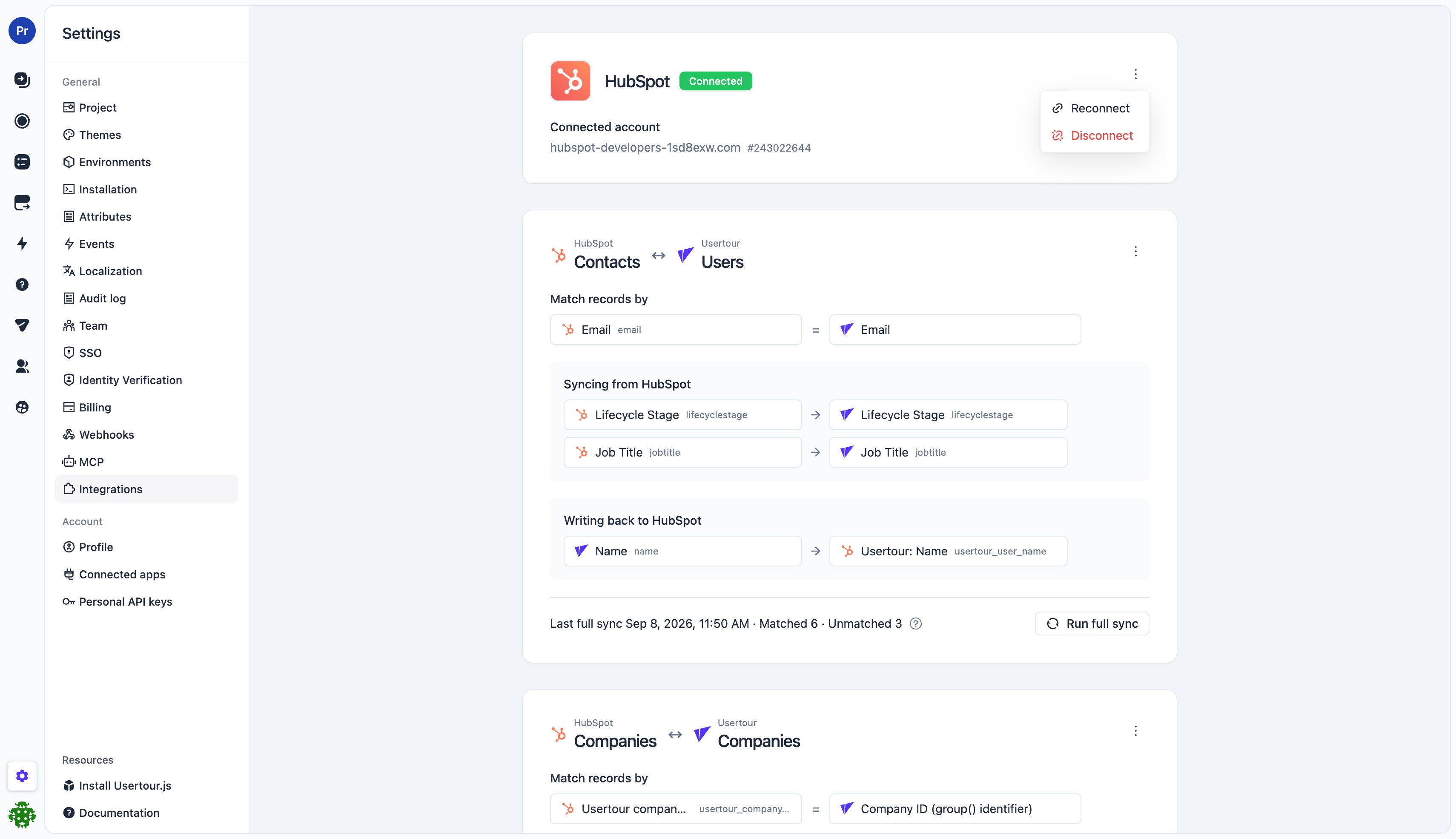 The HubSpot connection card once connected