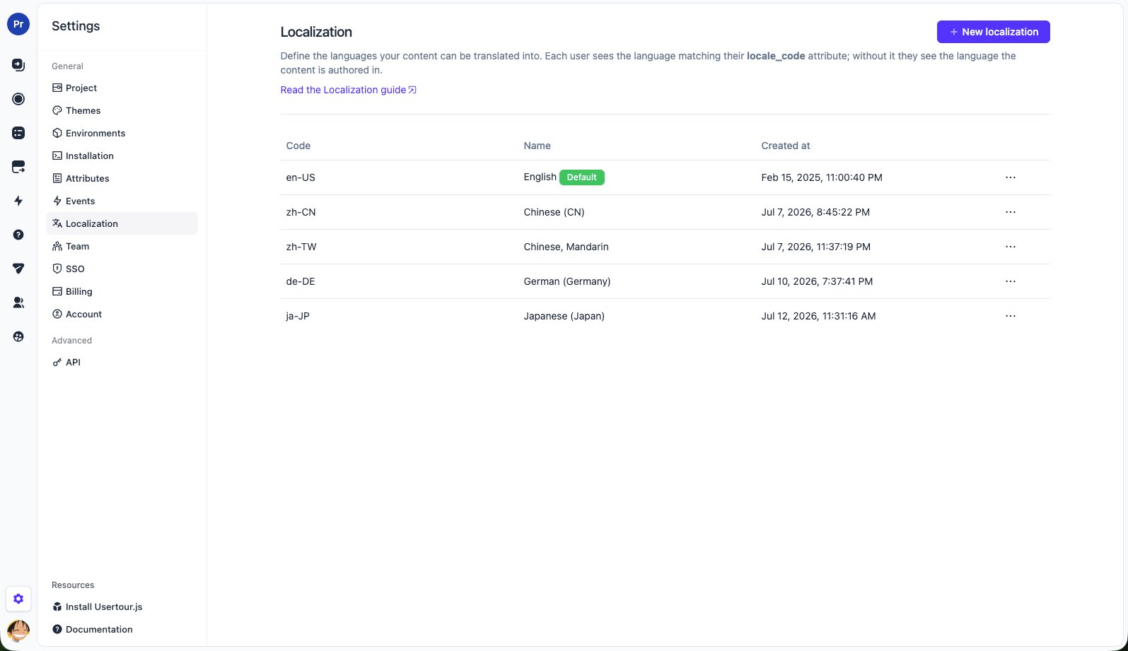 The Localization settings page