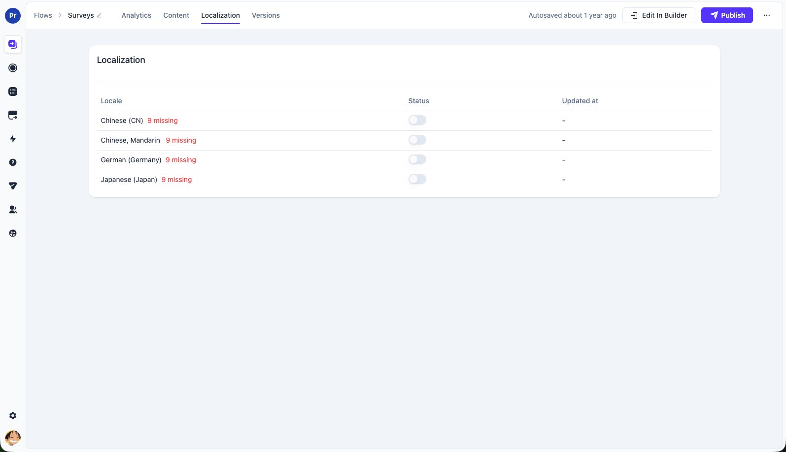 The Localization tab on a flow