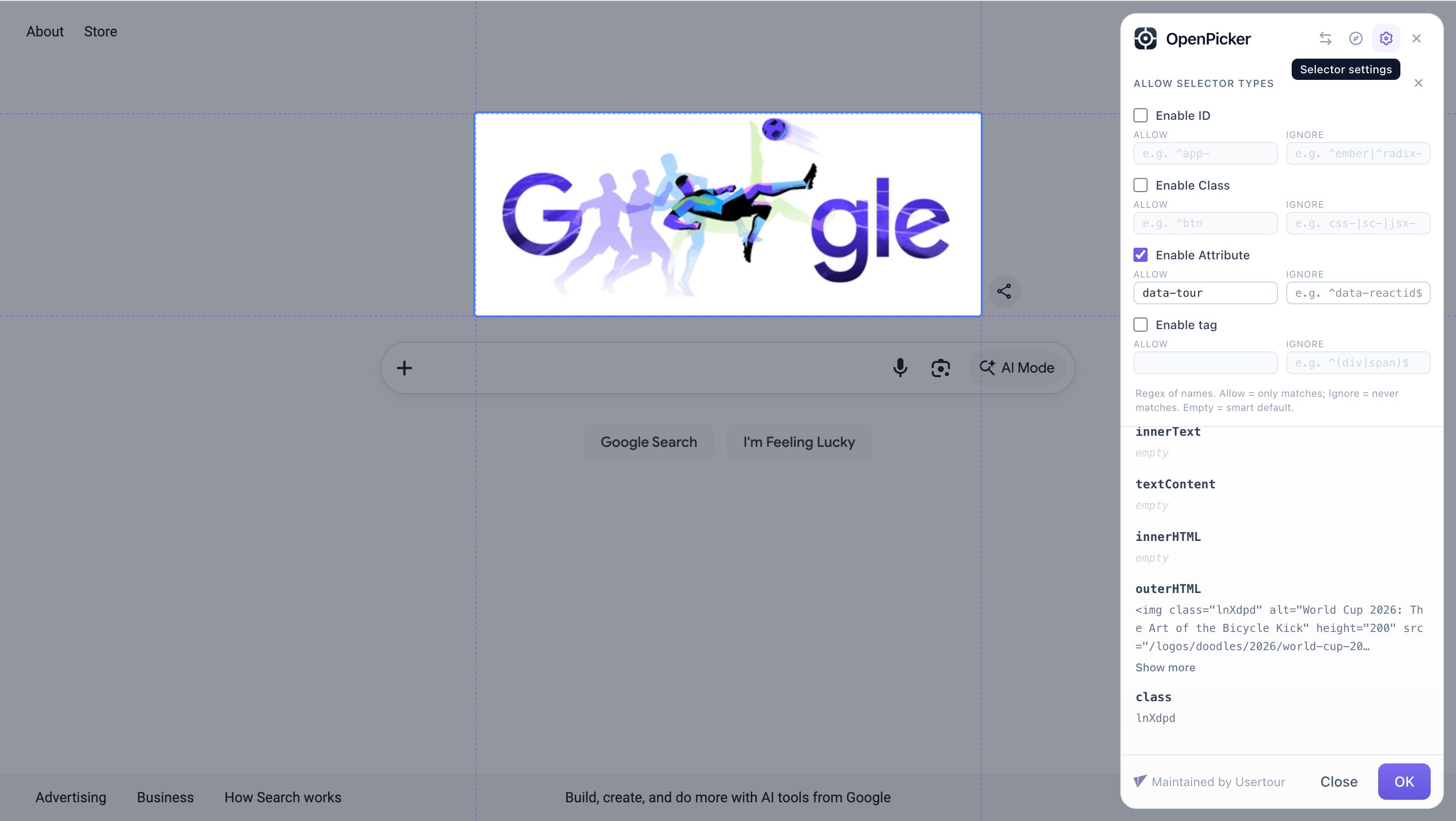 OpenPicker selector settings with an attribute allow-list