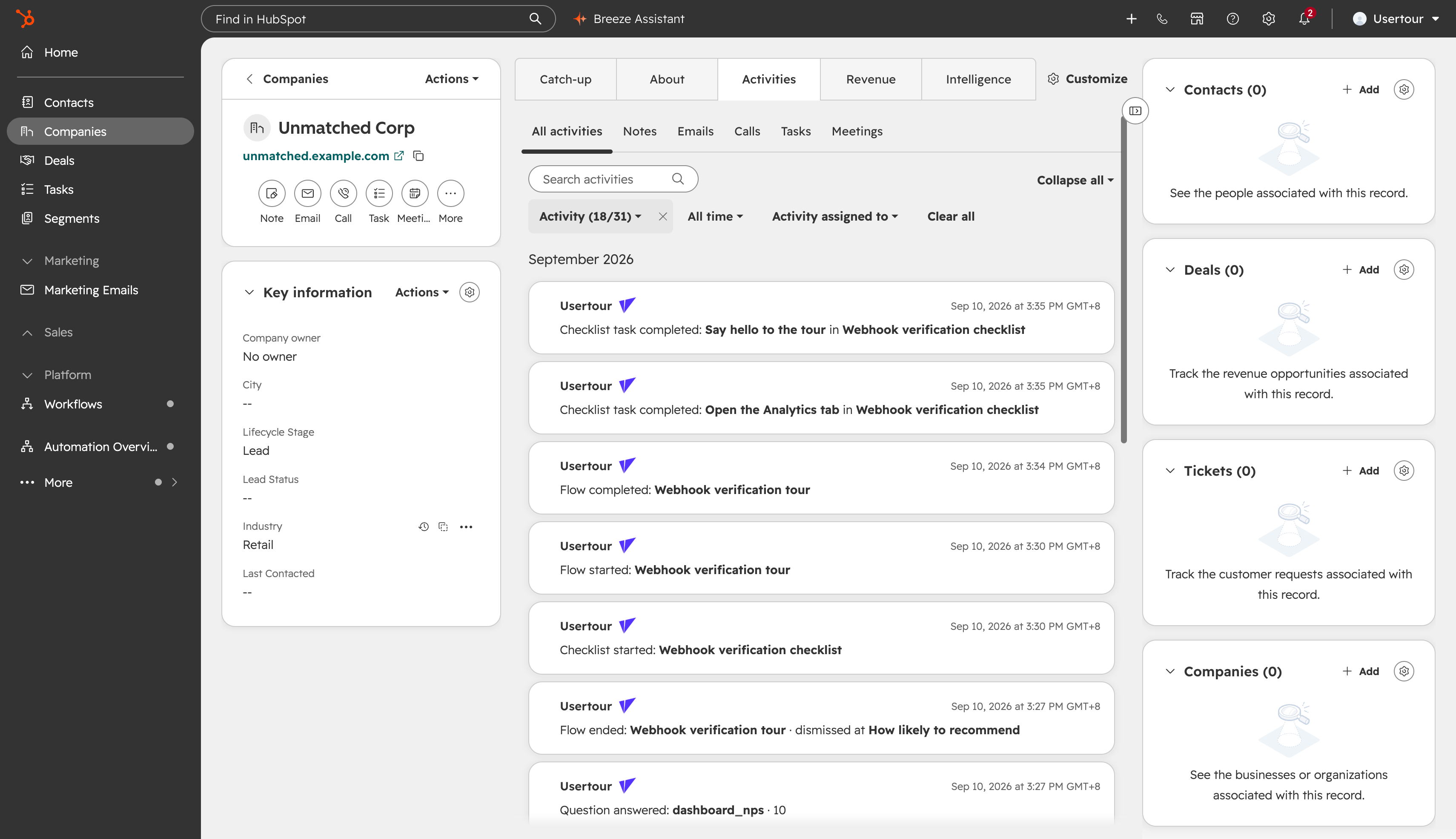 Usertour events on a company's timeline in HubSpot