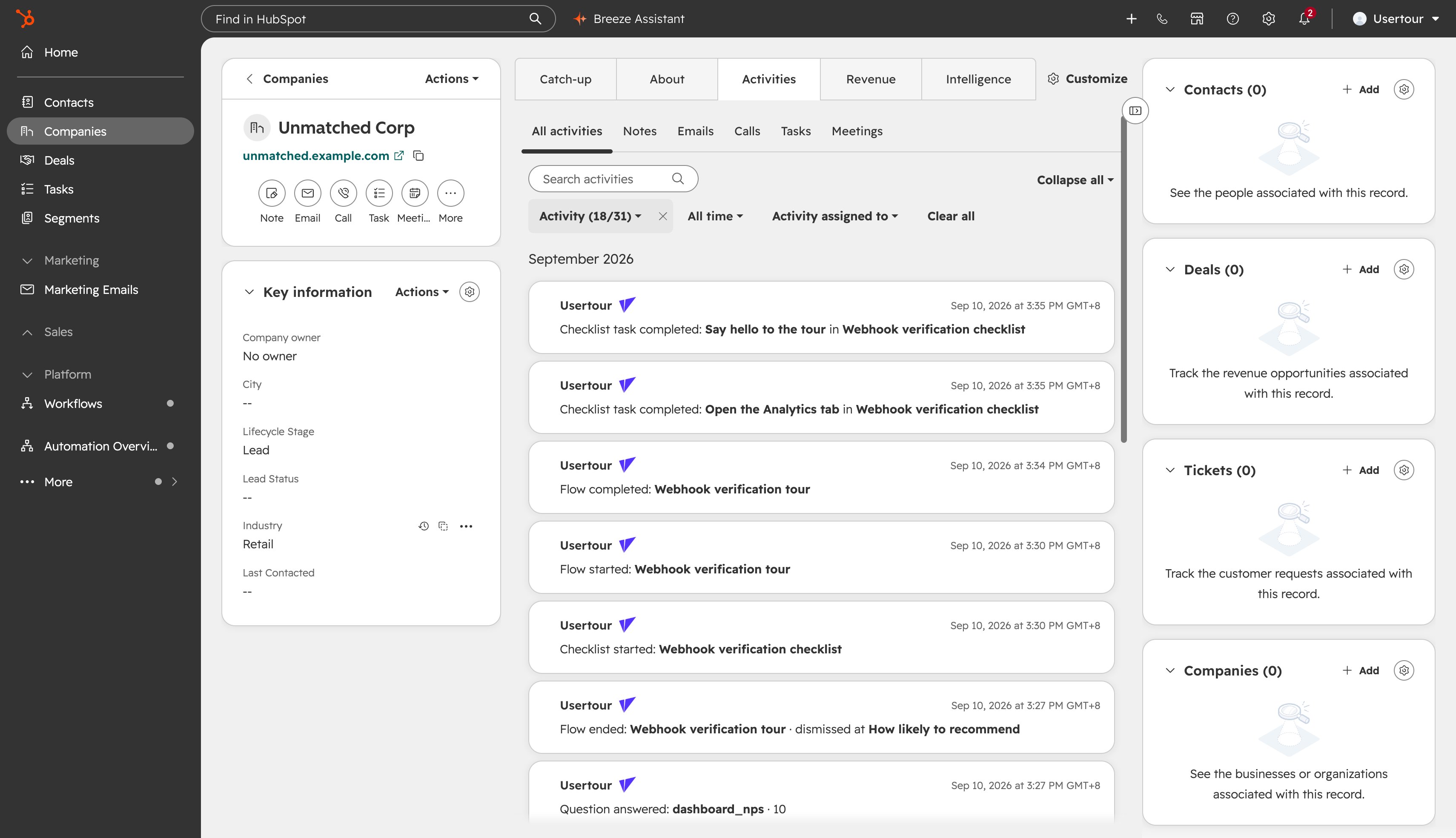 Usertour events on a company's timeline in HubSpot
