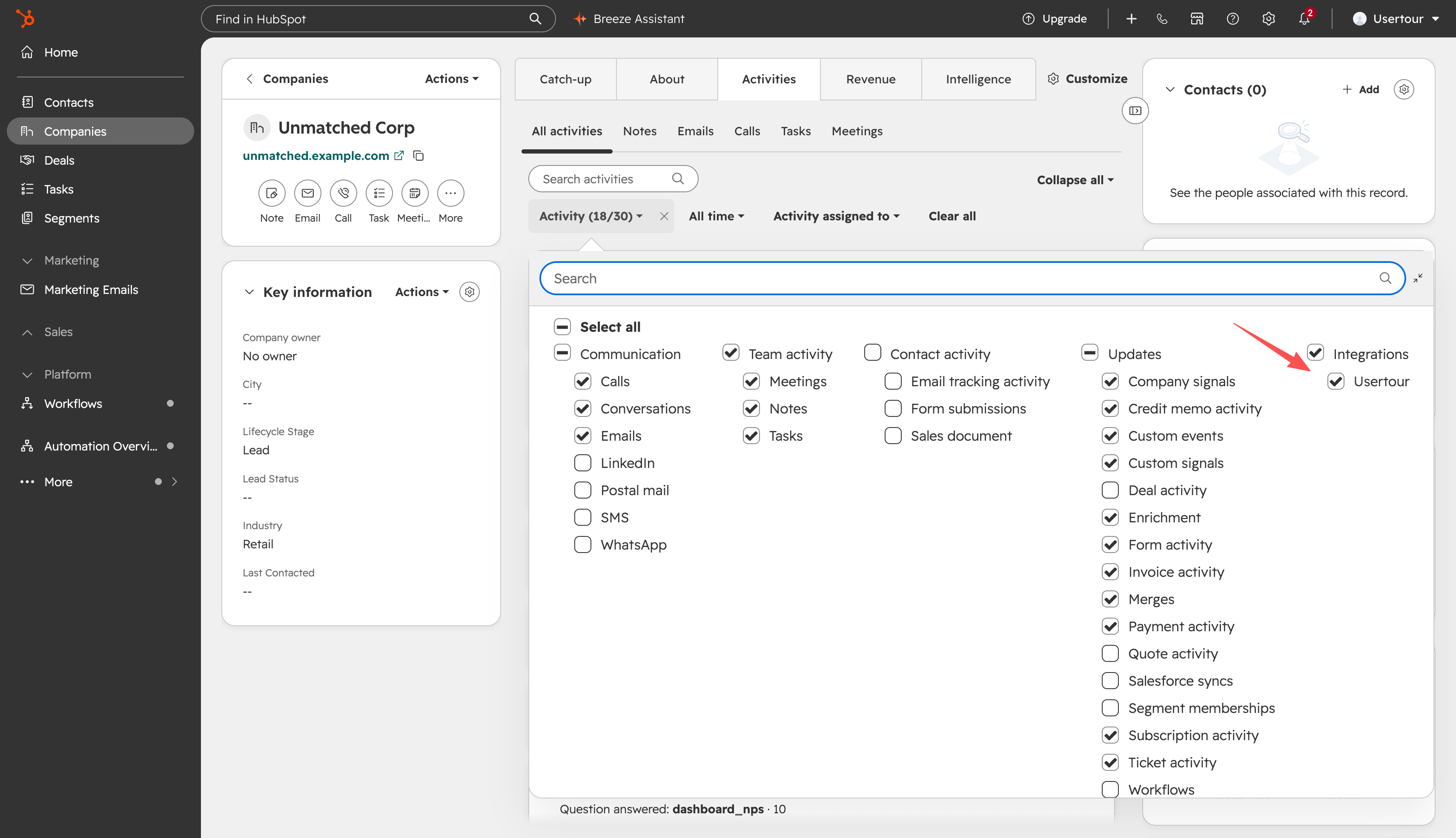 Ticking Usertour under Integrations in a company's activity filter