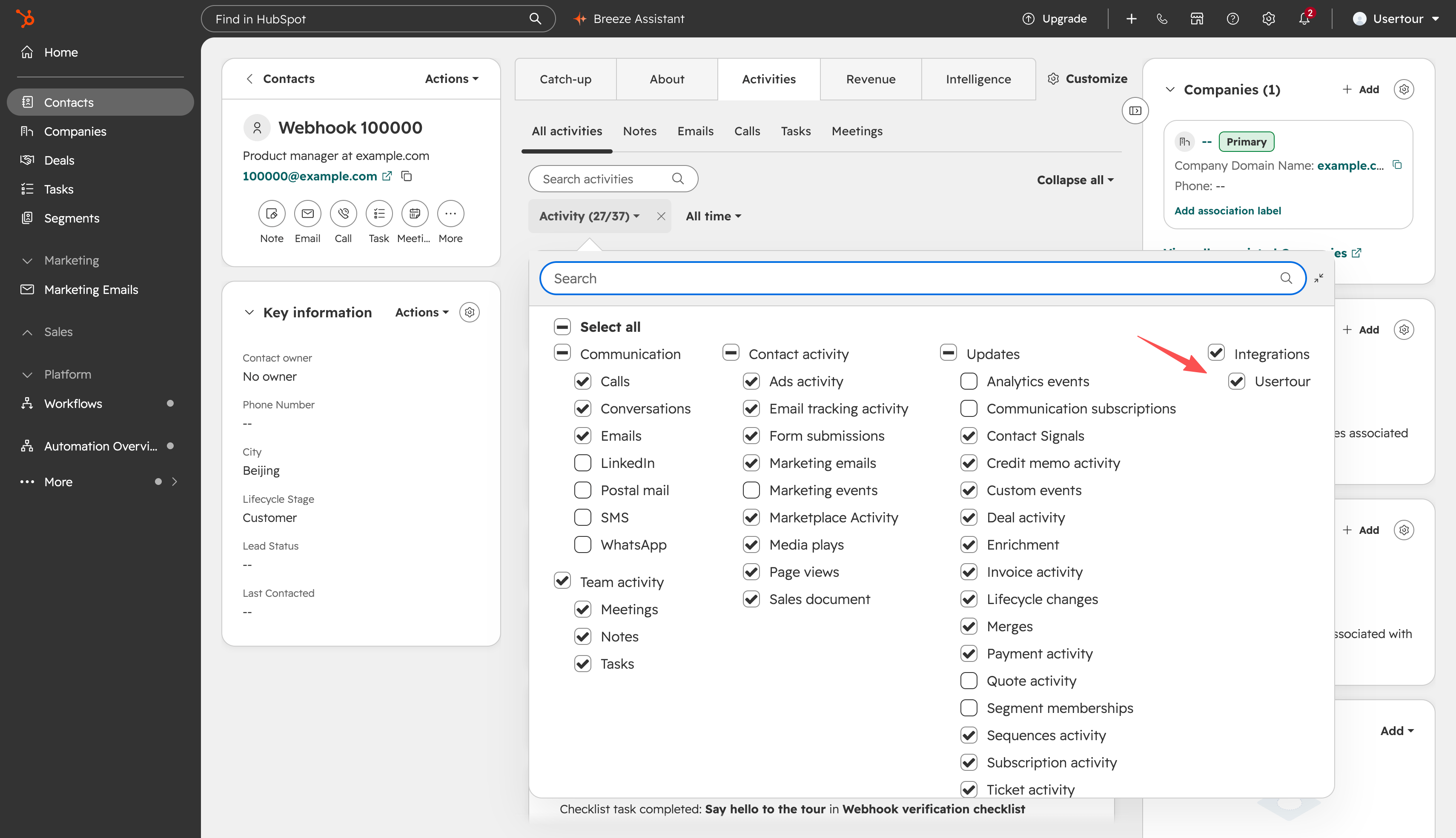 Ticking Usertour under Integrations in a contact's activity filter