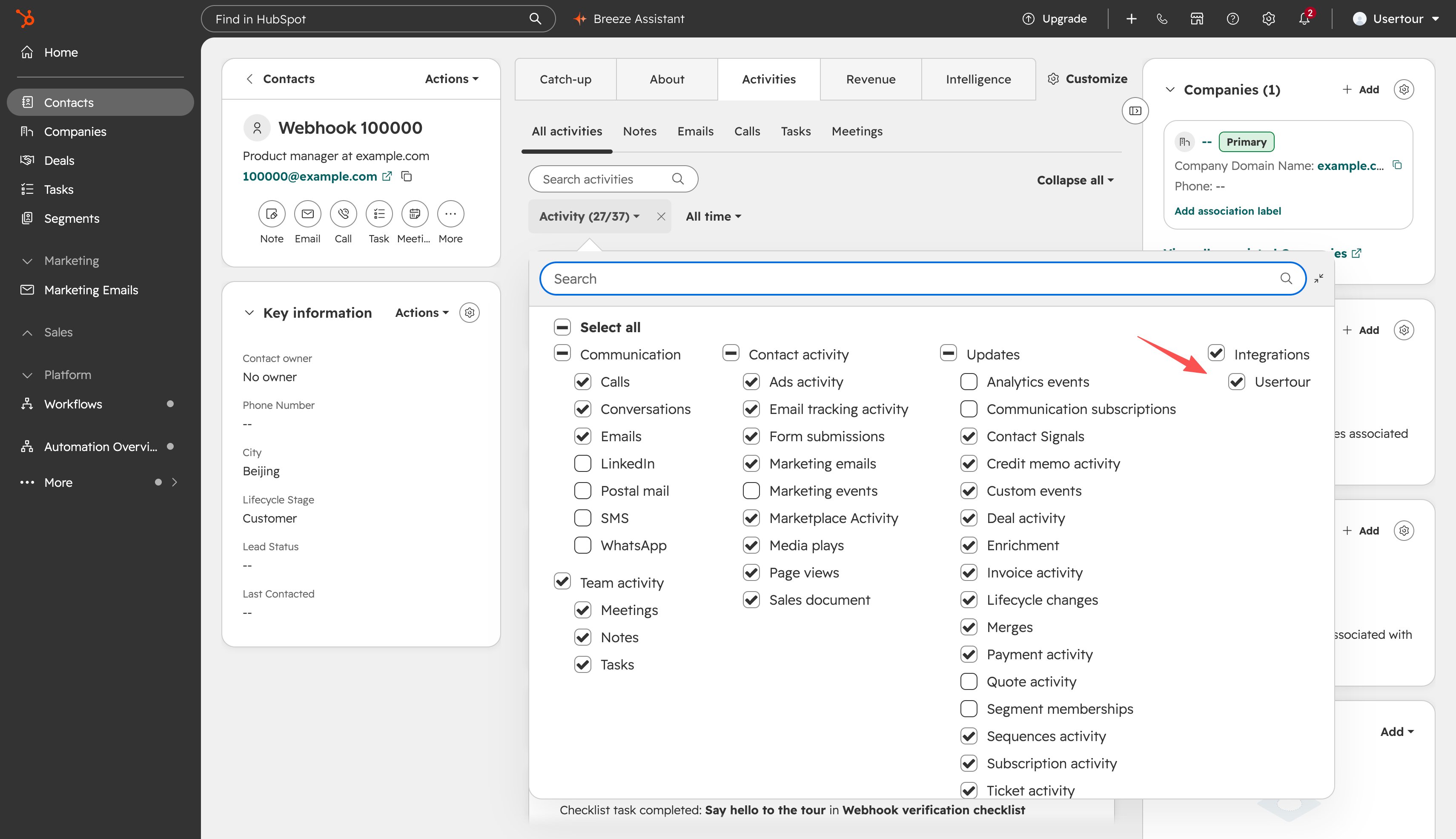 Ticking Usertour under Integrations in a contact's activity filter
