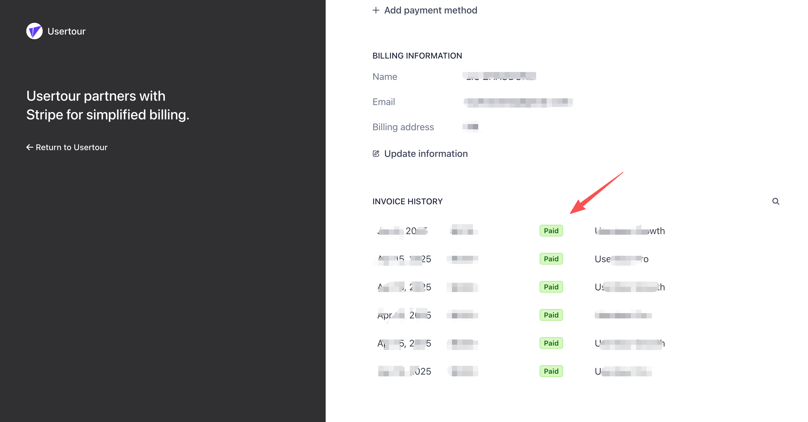 Stripe portal — click Invoice history to open the invoice page
