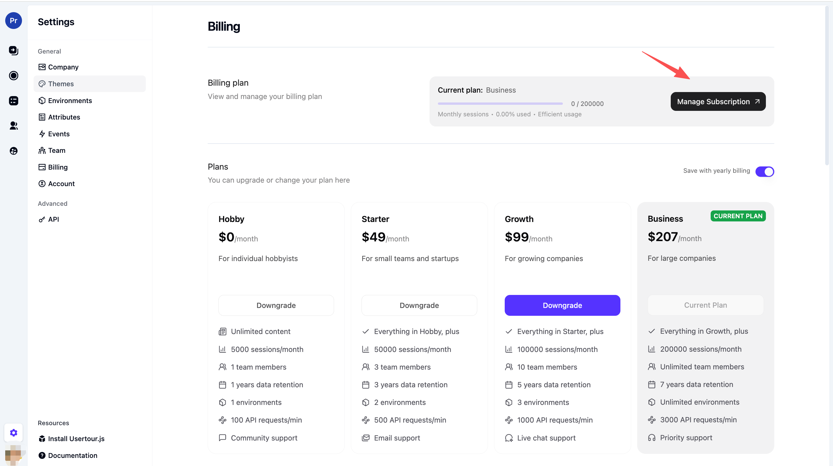Usertour Billing page — click Manage Subscription to open the Stripe portal