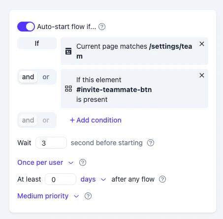 Auto-start rule with Current page, Element is present, and Wait 3 seconds