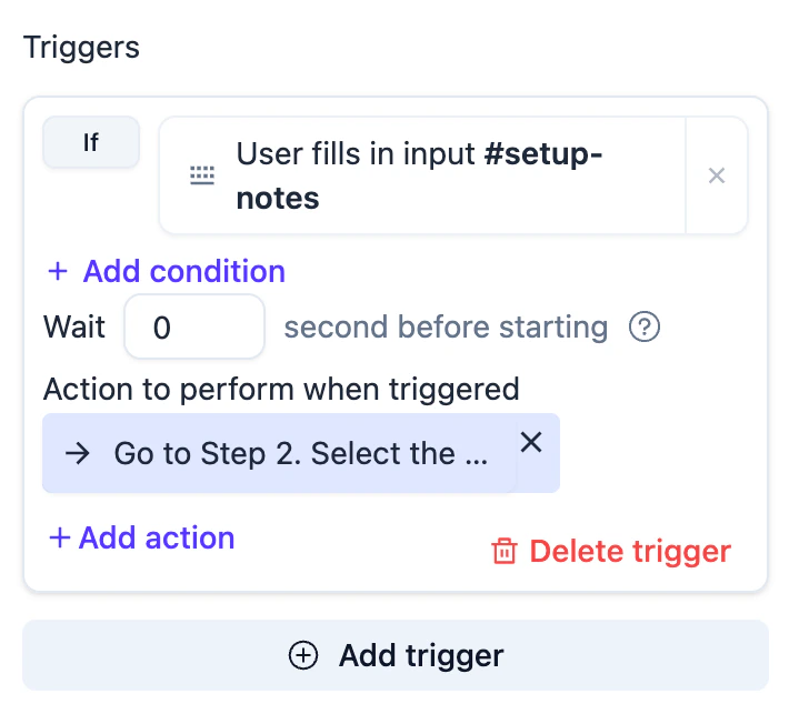 Step trigger that moves to the checkbox step after the selected input is filled
