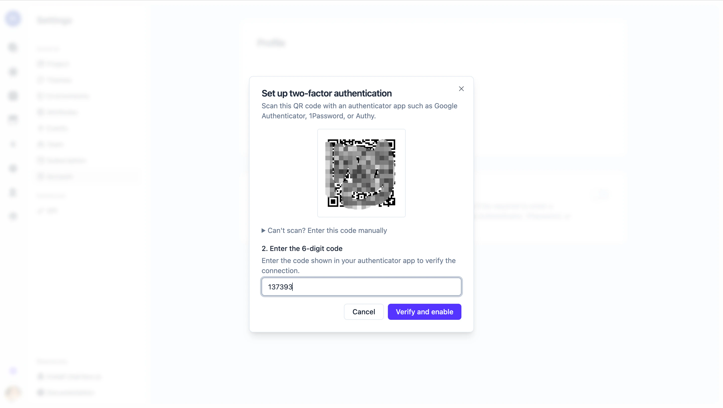 Setup step 2 — verify the code