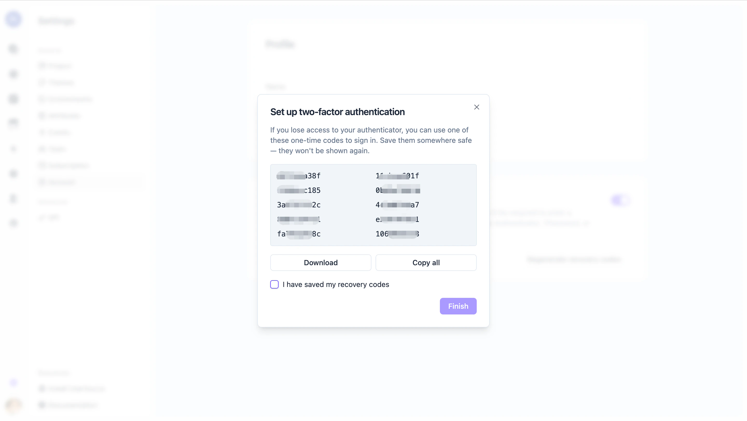 Setup step 3 — save your recovery codes