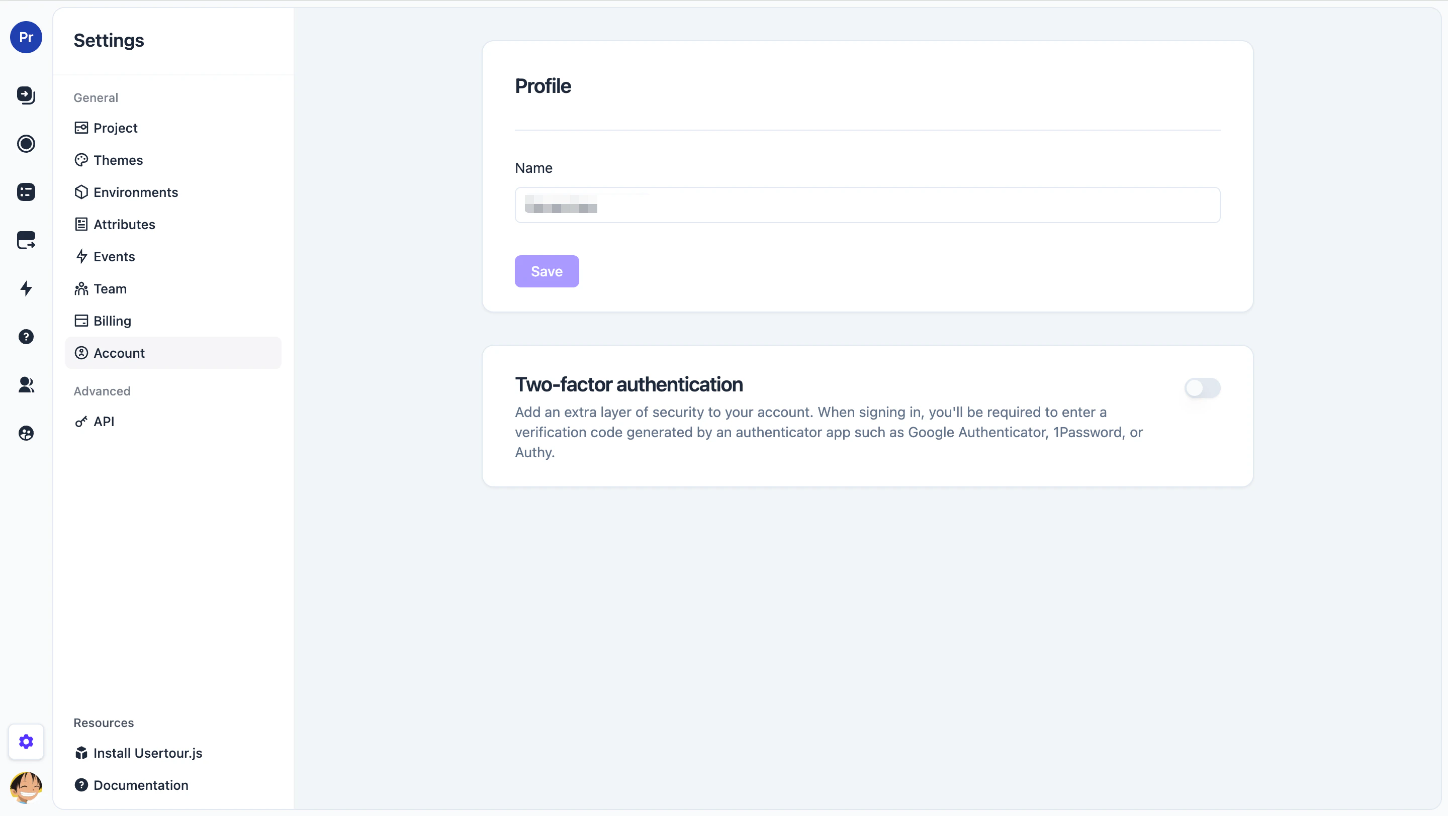 Two-factor authentication card on the Account page