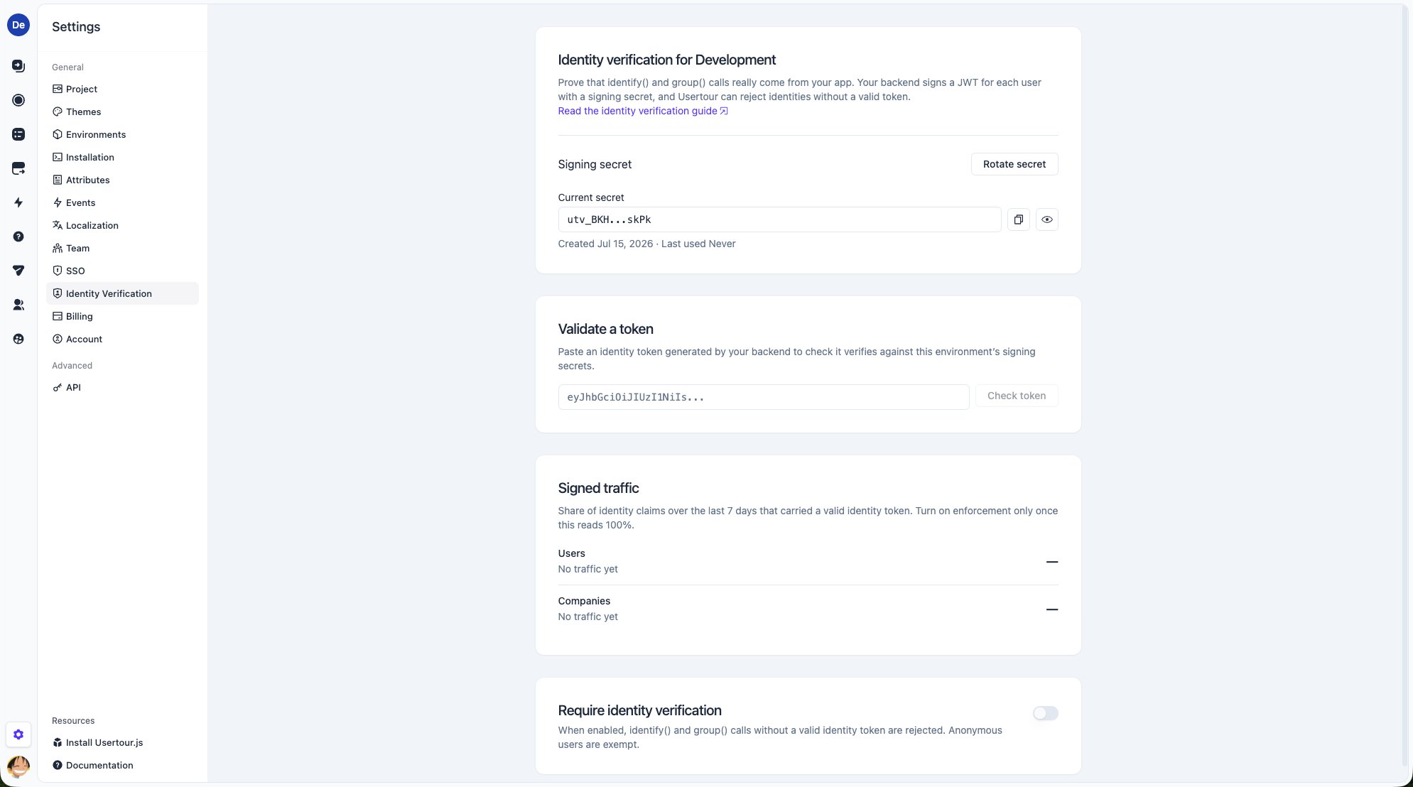 The Signing secret card on the Identity Verification settings page