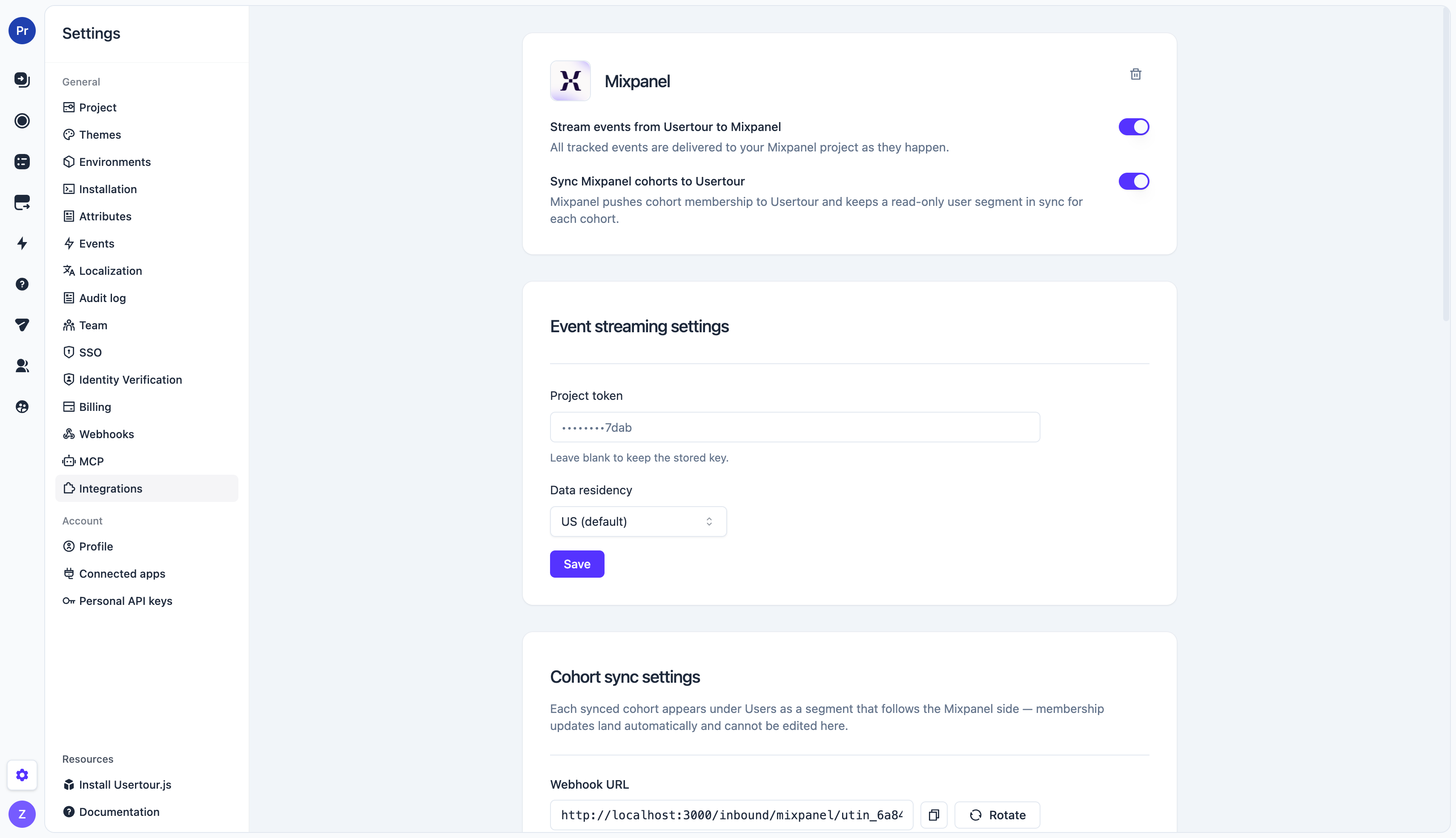 The cohort sync settings card with the webhook URL