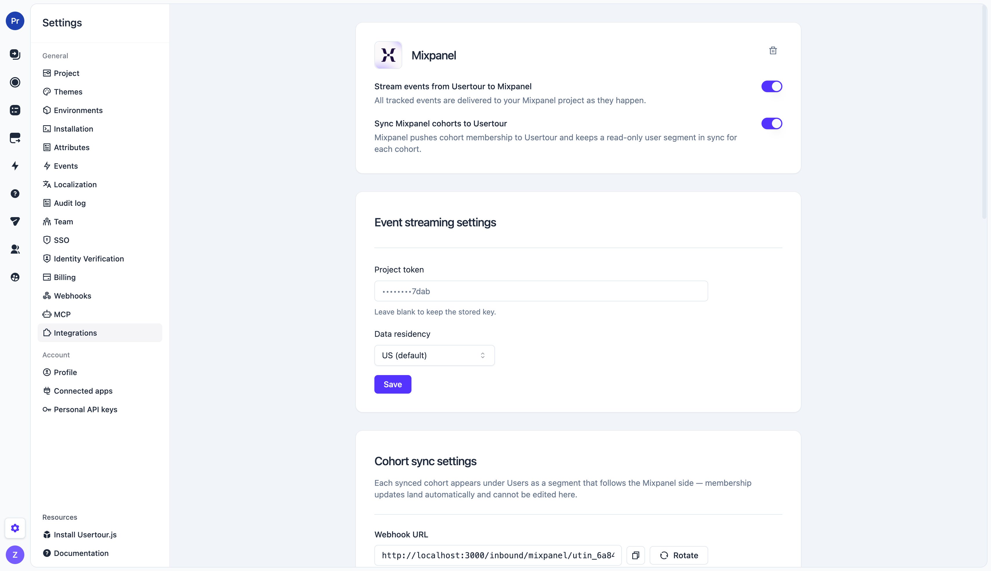 The cohort sync settings card with the webhook URL