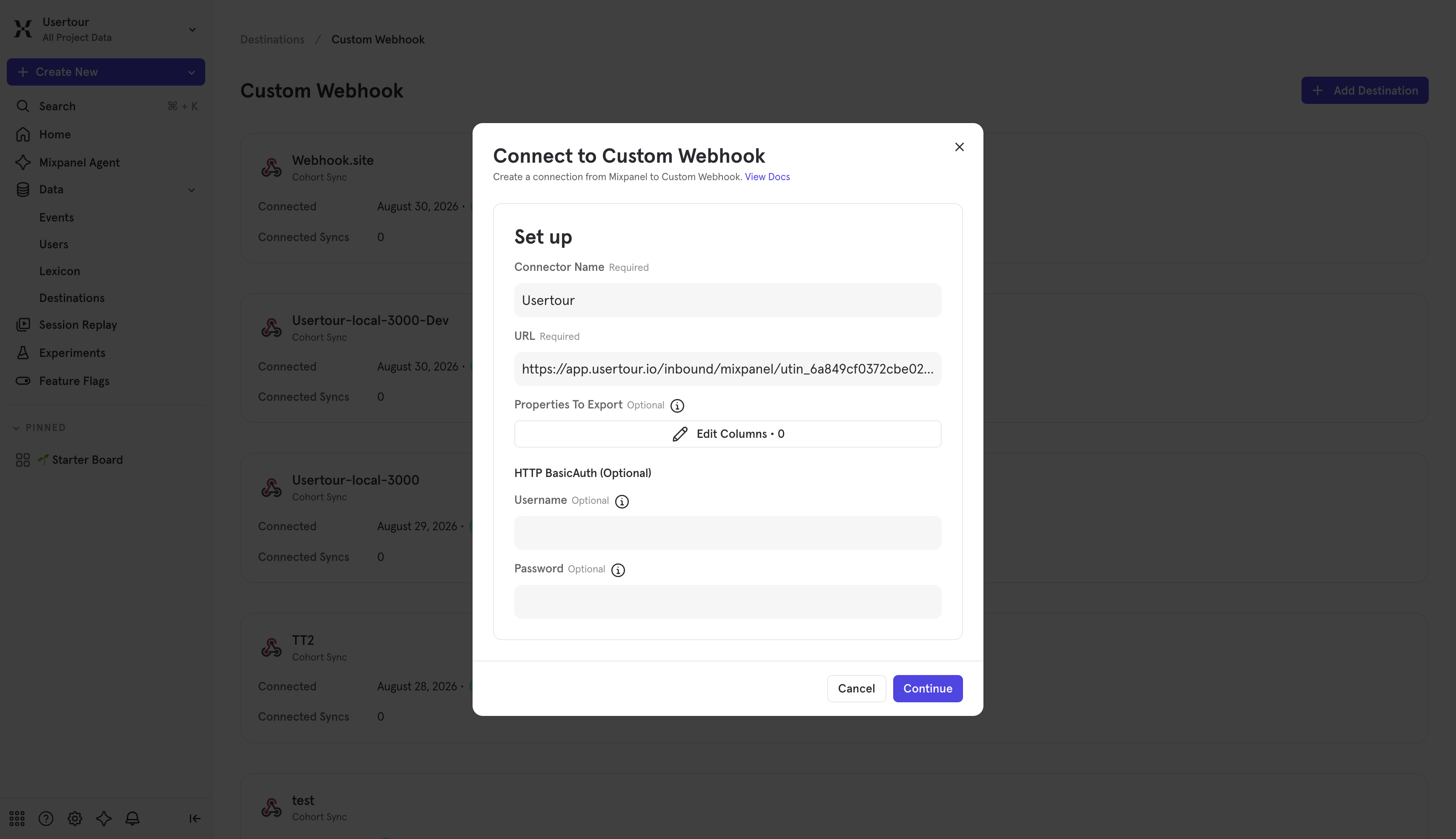 Adding a webhook destination in Mixpanel