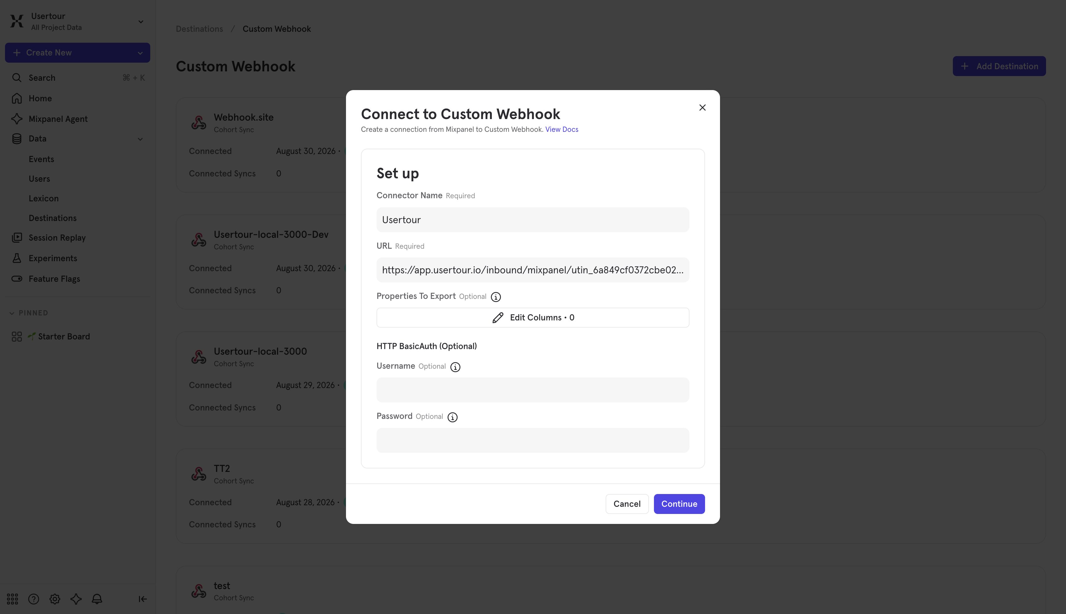 Adding a webhook destination in Mixpanel