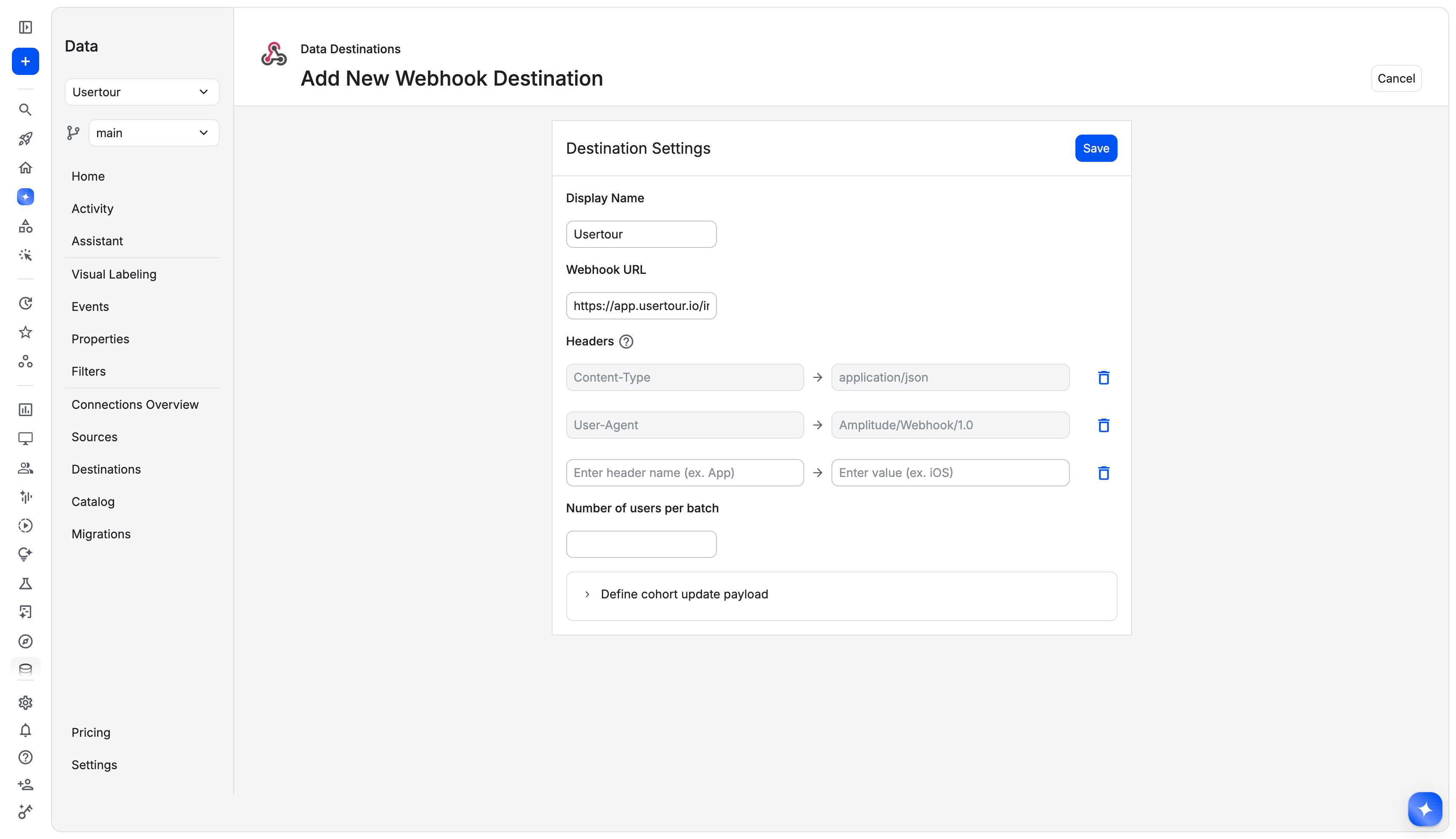 Adding a webhook cohort destination in Amplitude