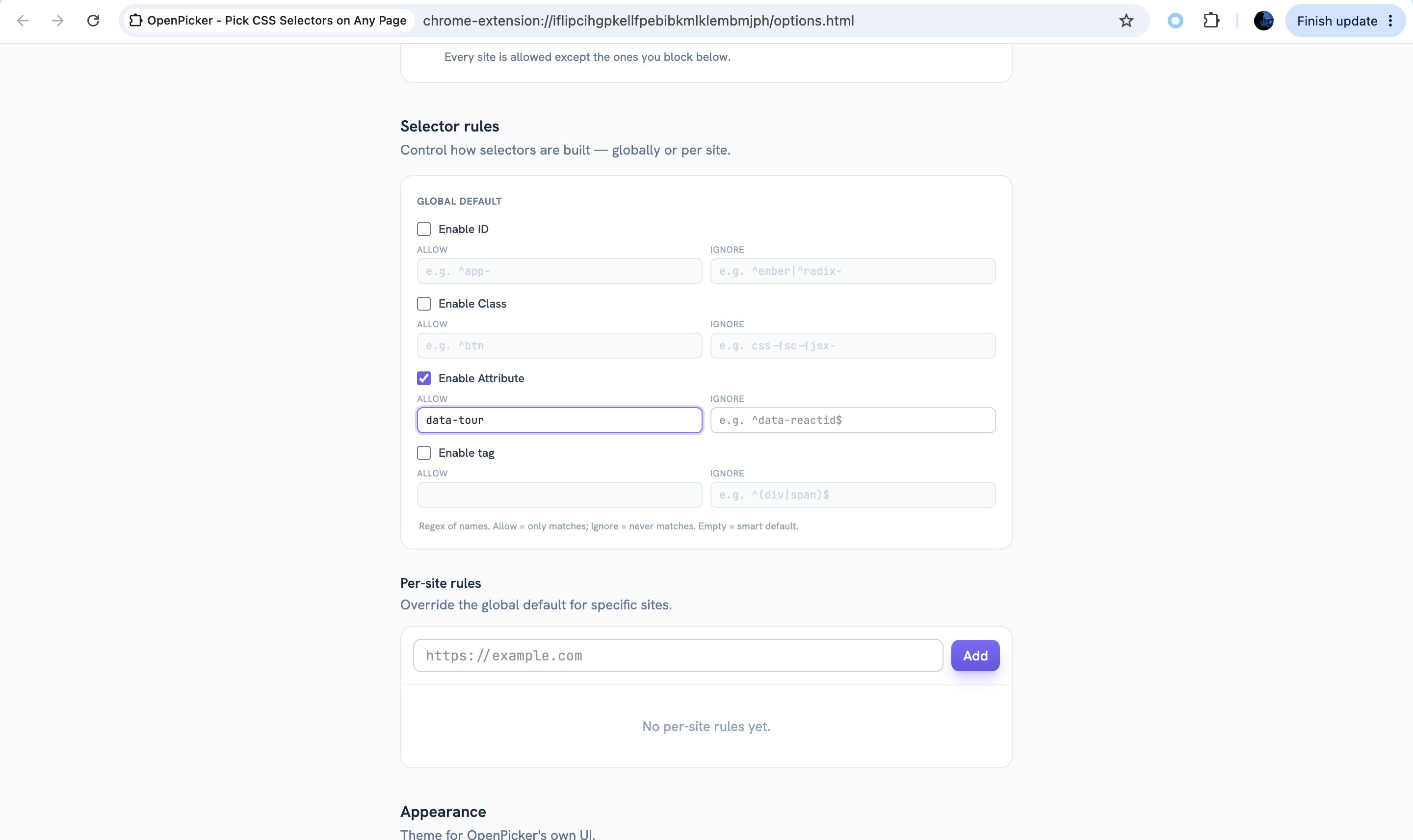 OpenPicker Settings — Selector rules with a global default and per-site overrides