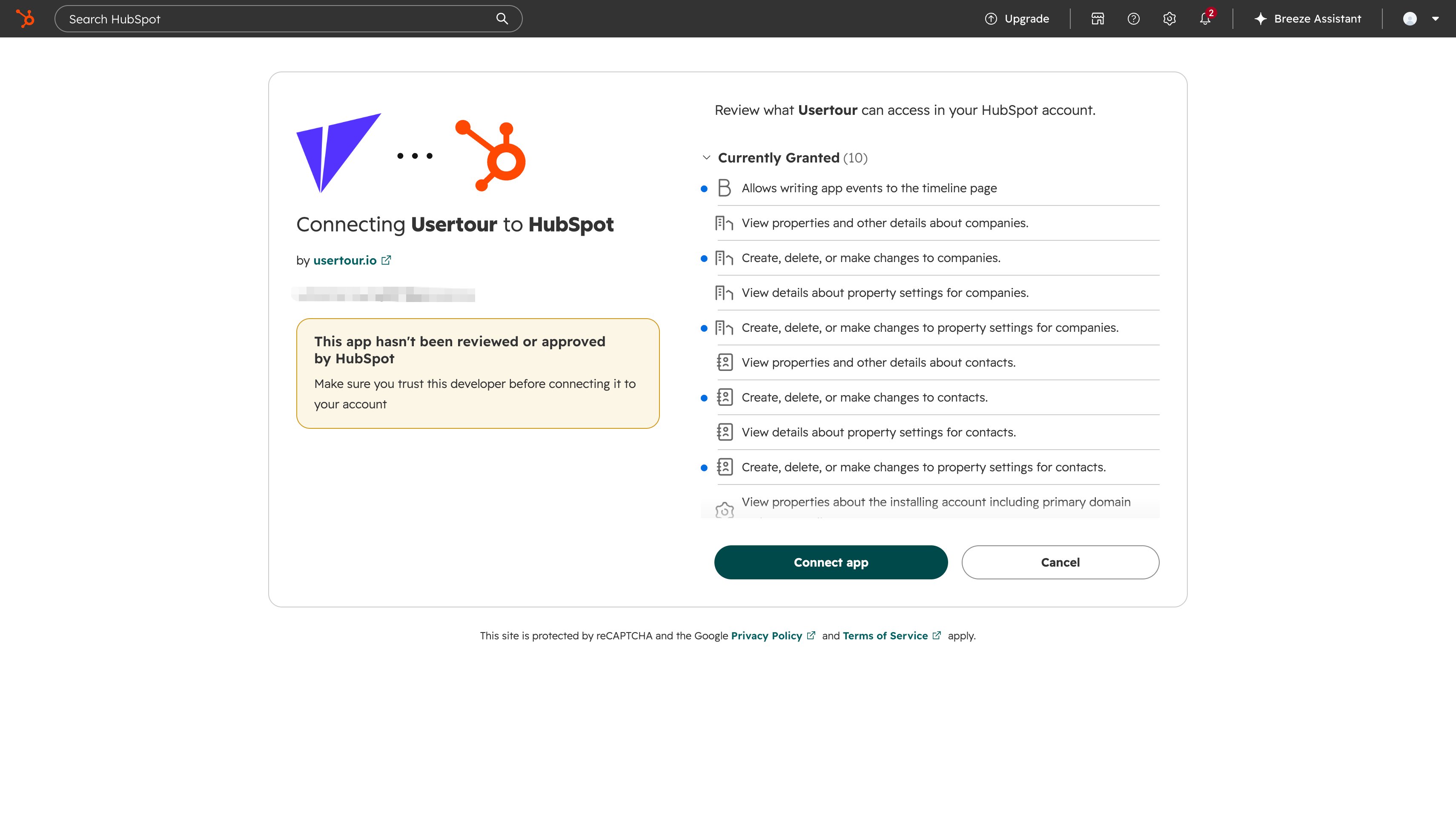 HubSpot asking to approve the permissions Usertour requests