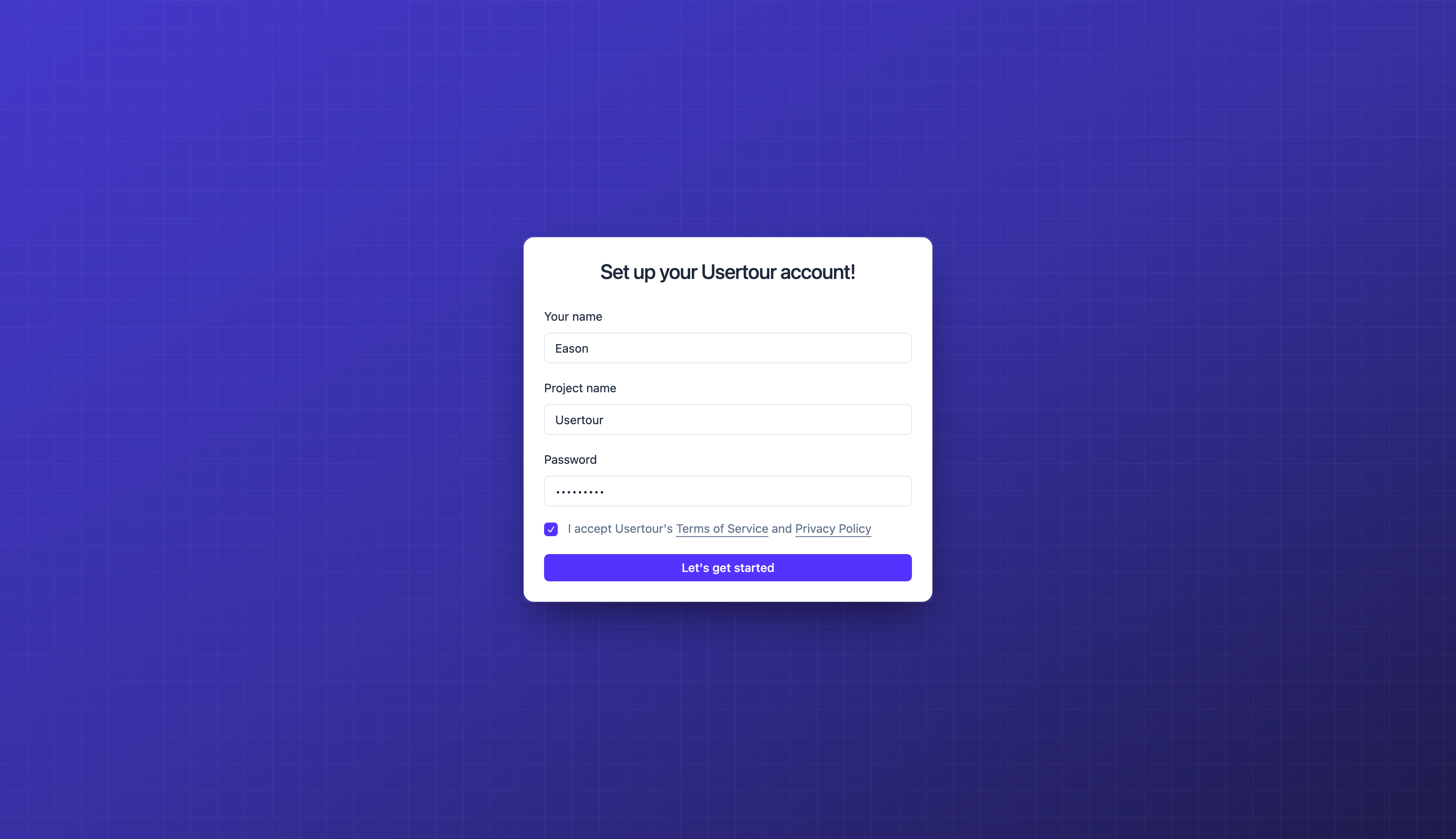 The sign-up form asks for a project name