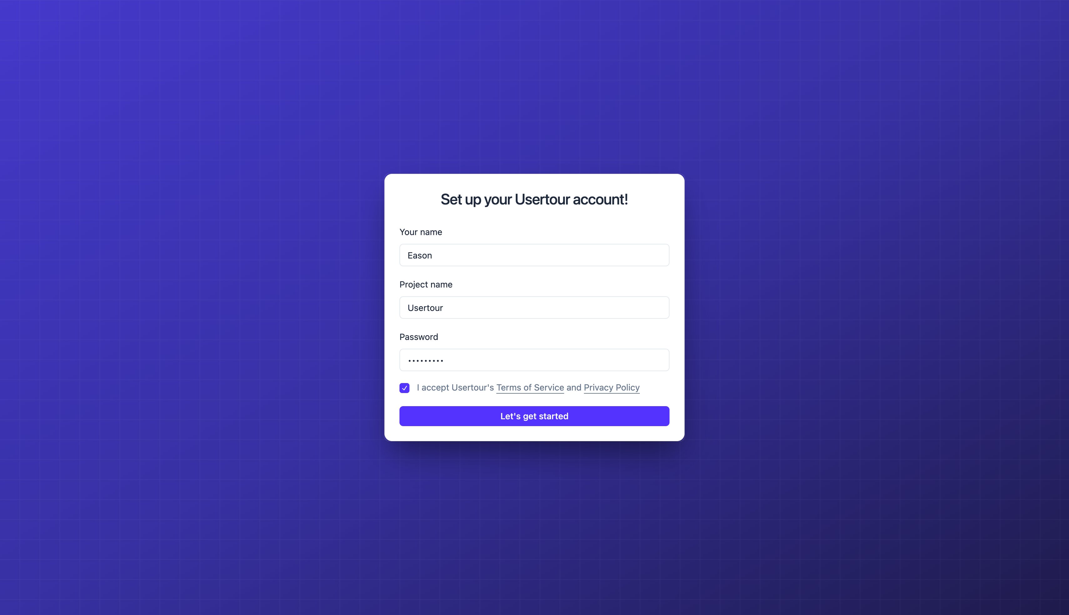 The sign-up form asks for a project name