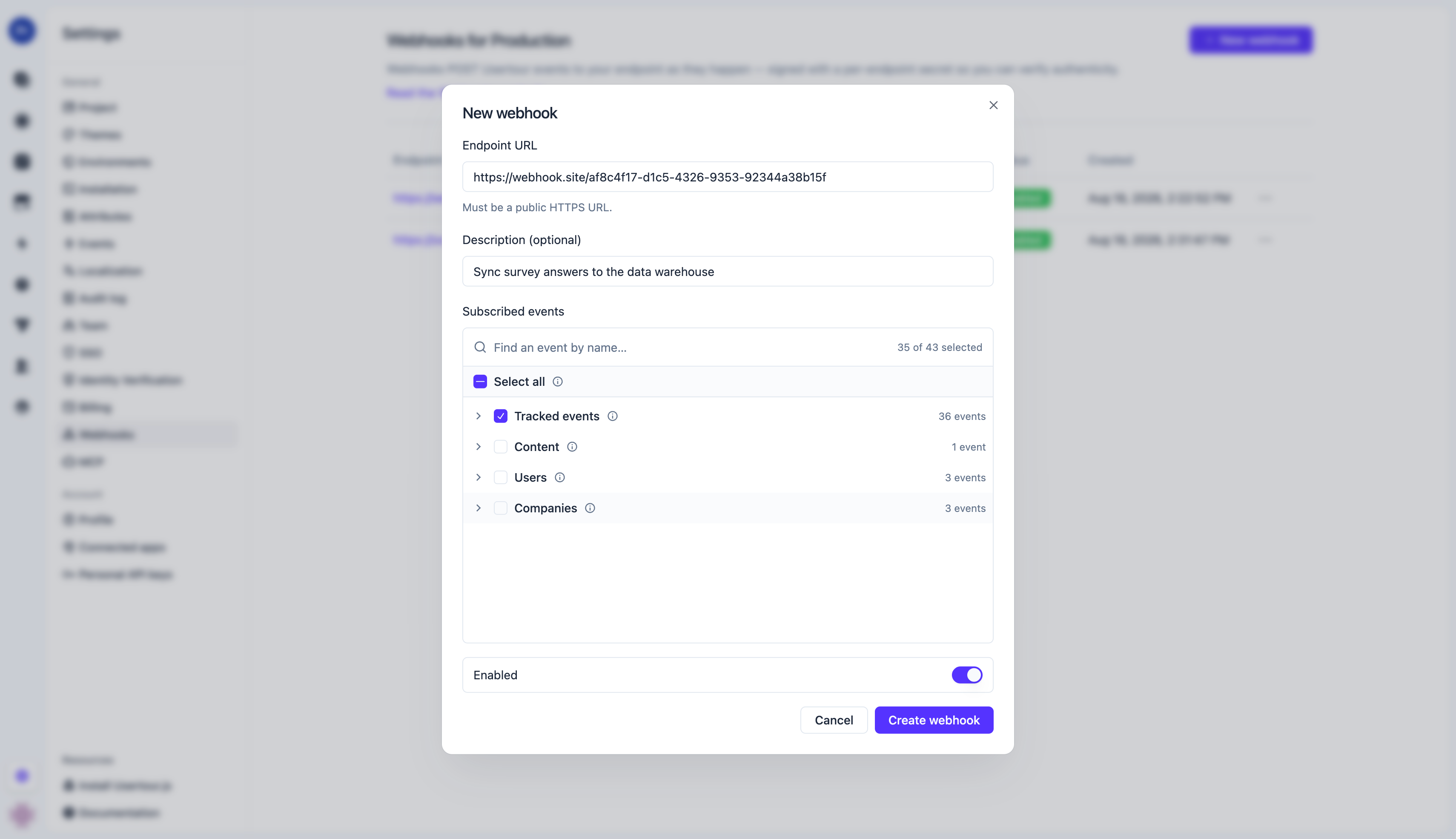The New webhook dialog