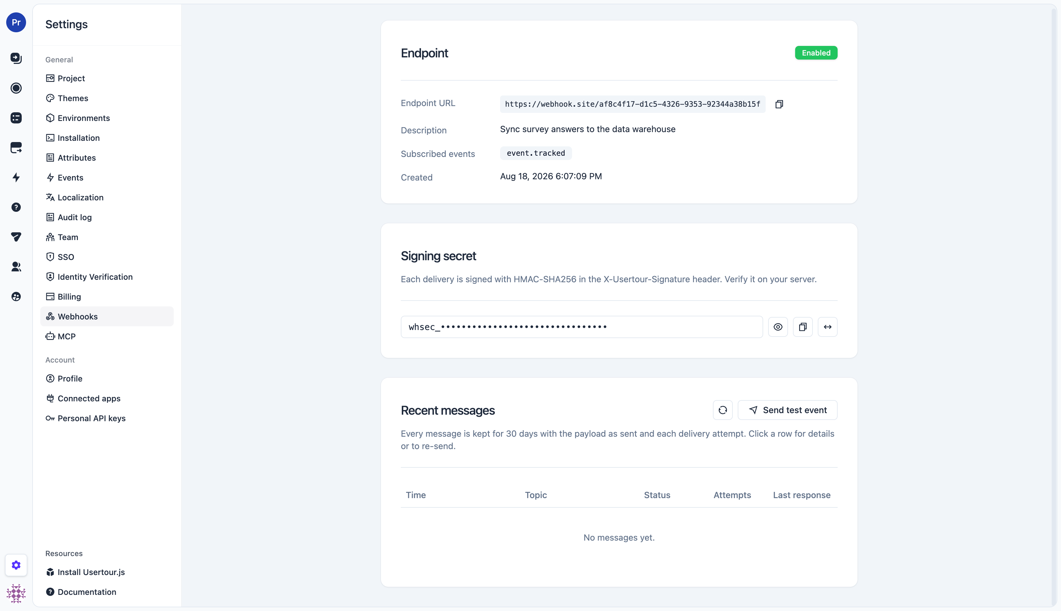 Endpoint detail page with the signing secret