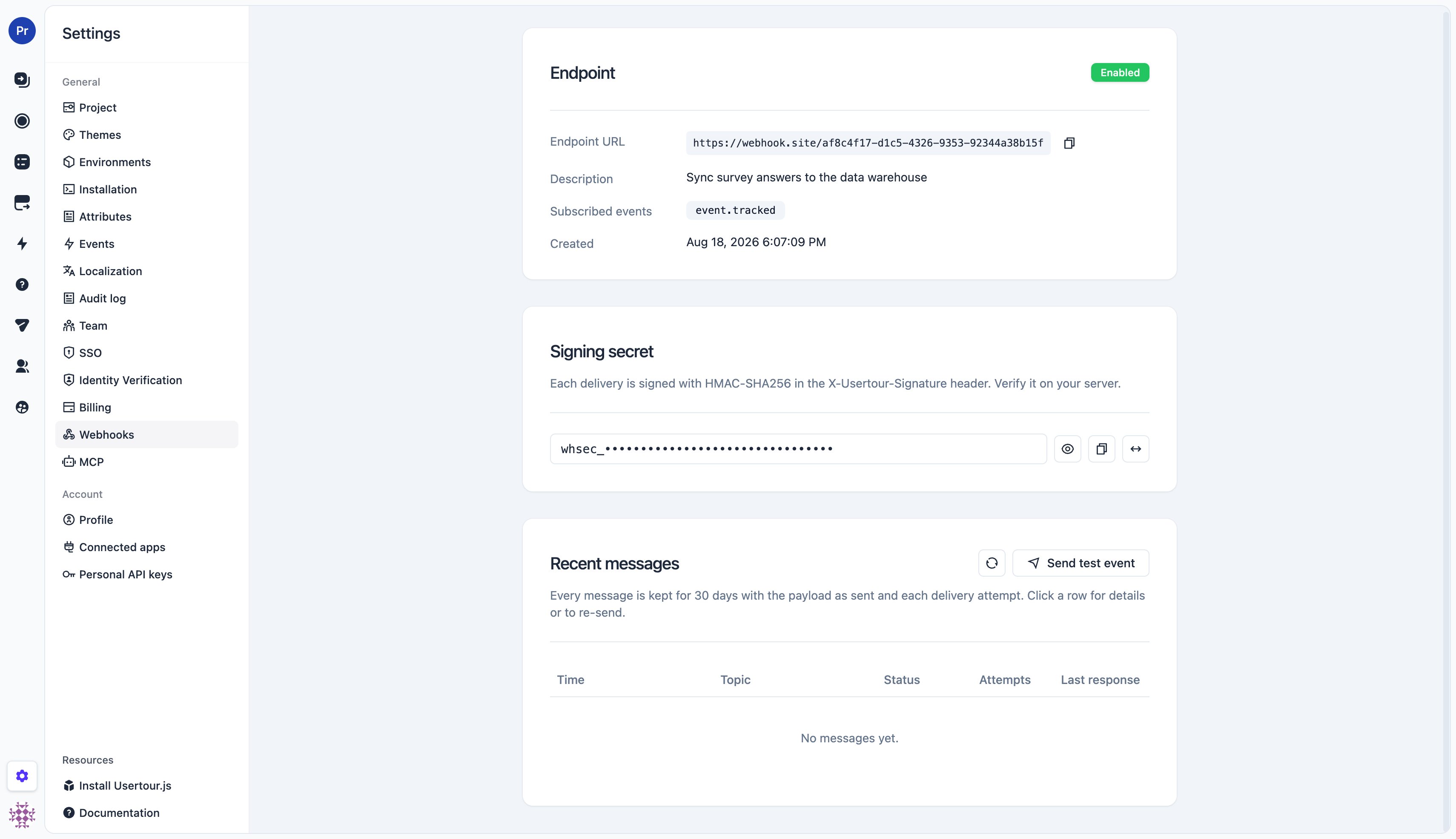 Endpoint detail page with the signing secret