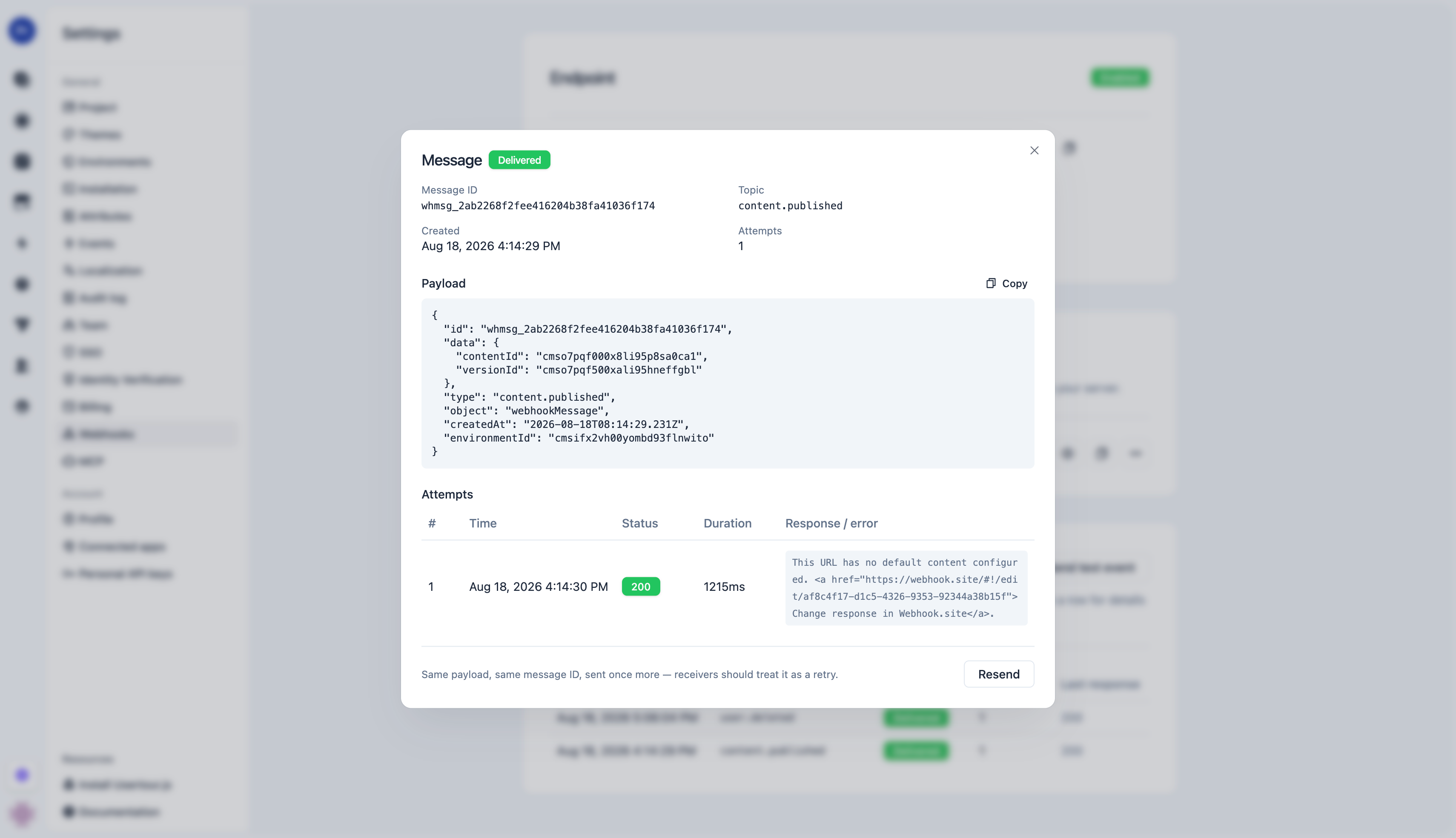 Message detail with payload and attempts